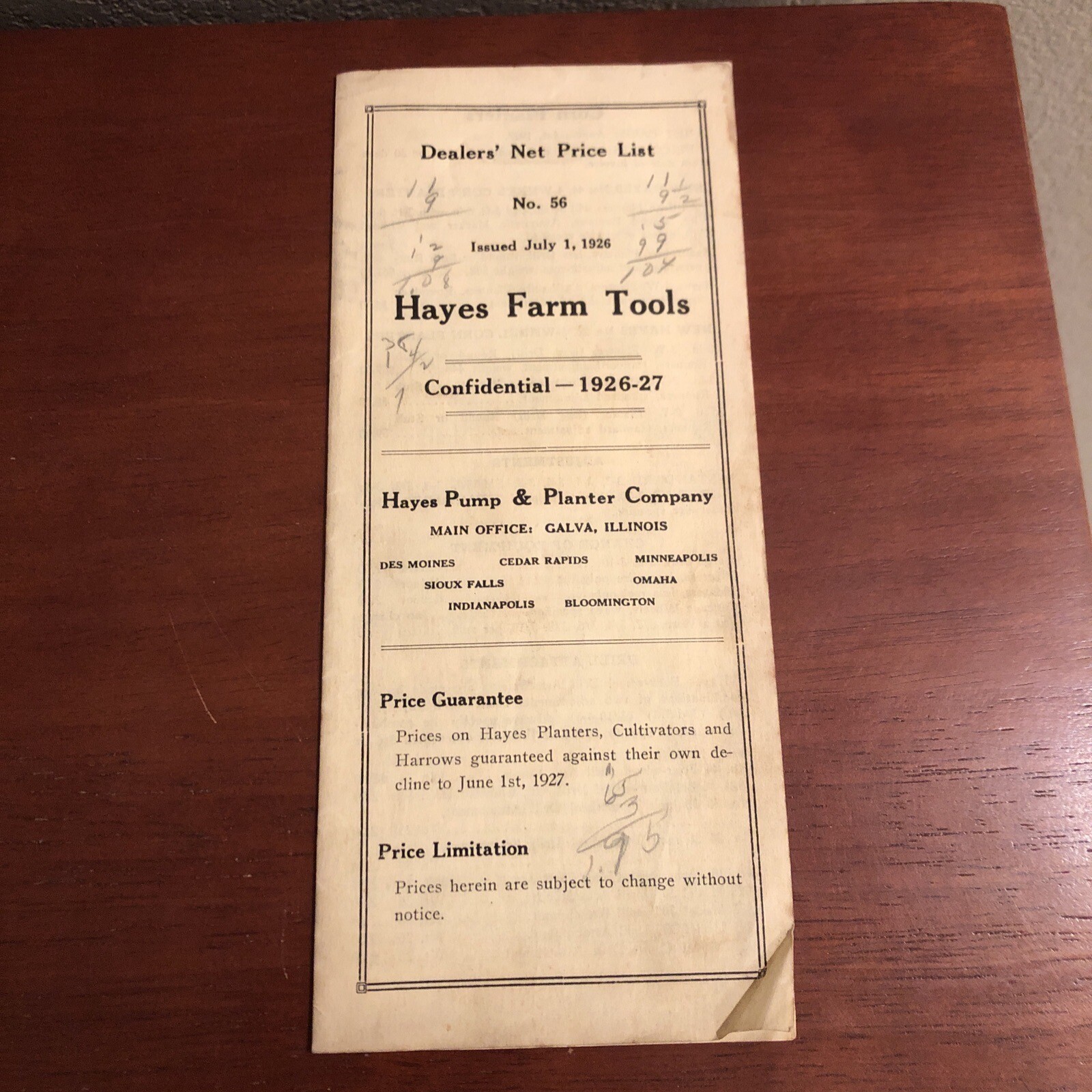 1926 HAYES FARMS TOOLS Dealer&rsquo;s Price List No 56 ~ Pump ~ Galva, IL ~ AUTHENTIC!