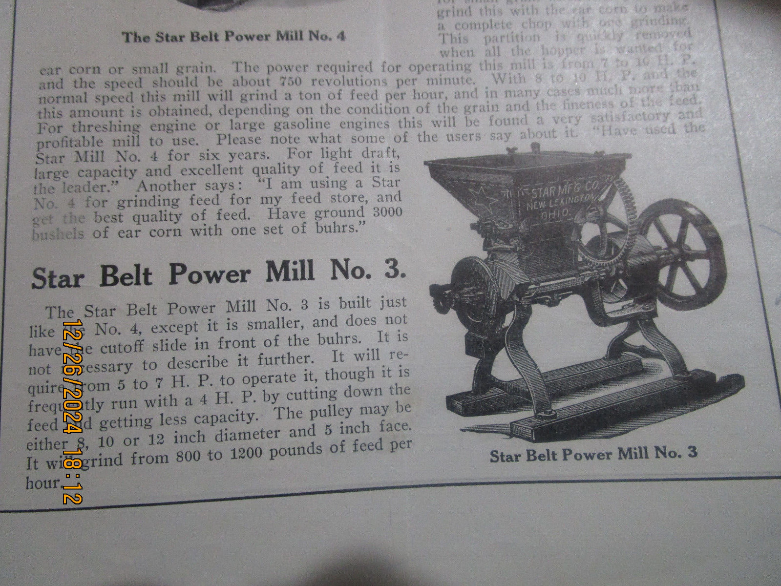 NEW LEXINGTON OHIO, The Star Manufacturing Co. Advertising Feed Grinders c1910