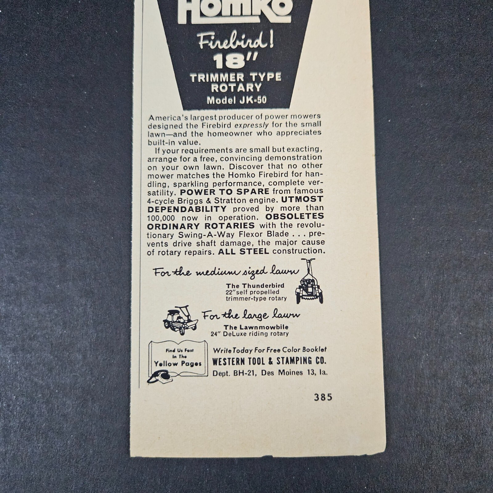 1957 Homko Firebird Trimmer Rotary Model JK-50 Mower Vintage Print Ad Des Moines