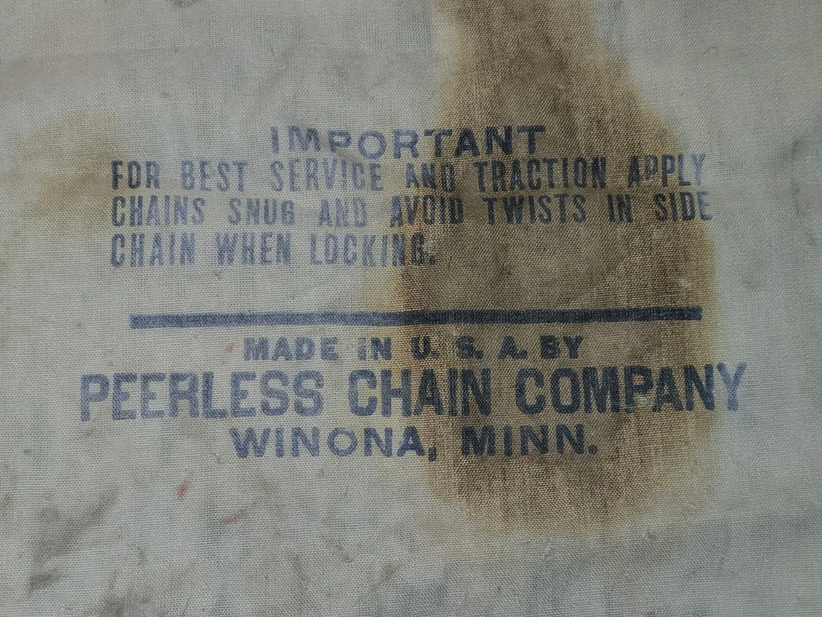 Vintage Peerless Chain Co. Tire Tractor Chains Fabric Bag Farm Winona MN