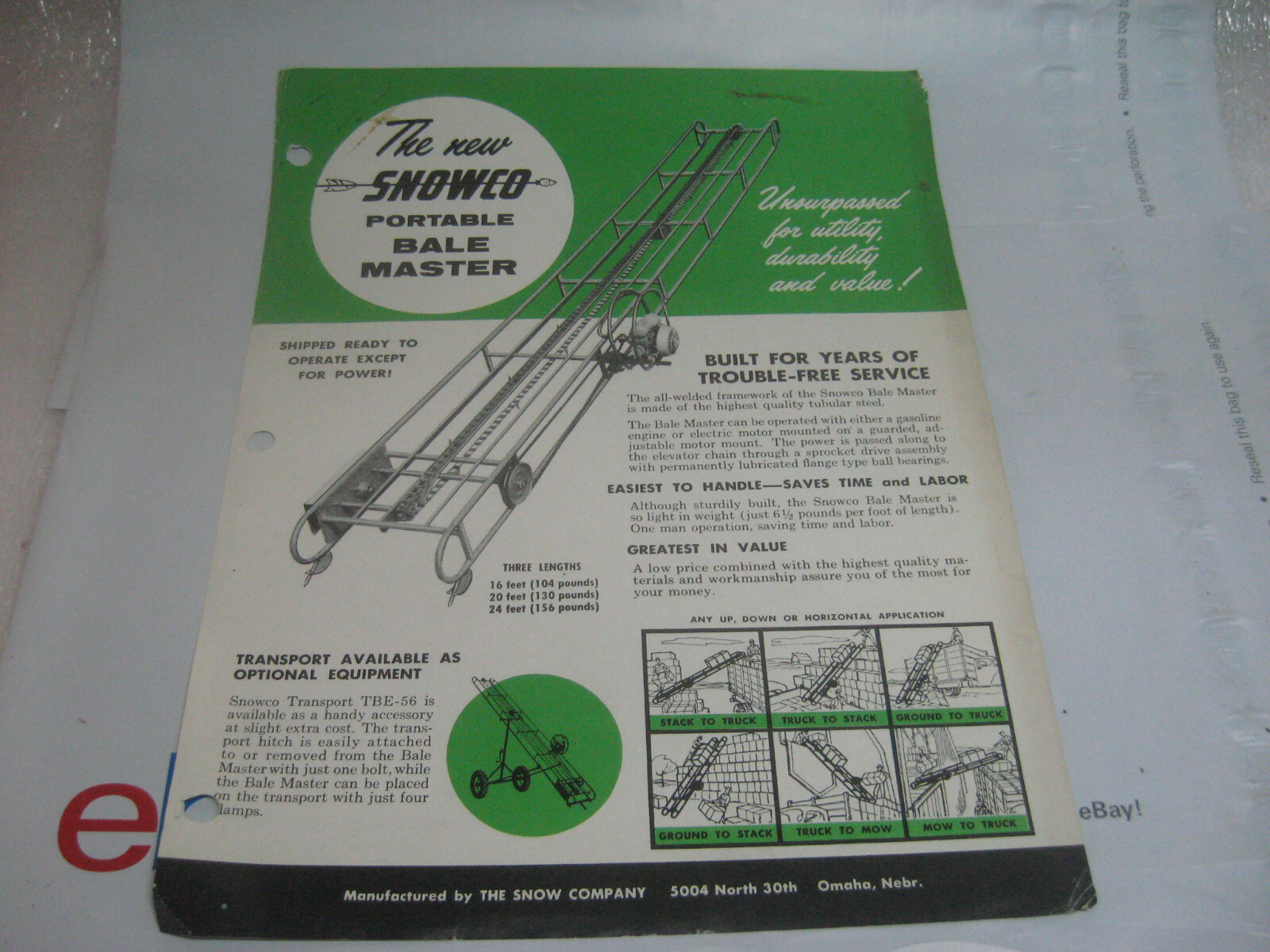 VINTAGE 1956 SNOWCO BALE MASTER HAY ELEVATOR ADVERTISING BROCHURE LITERATURE
