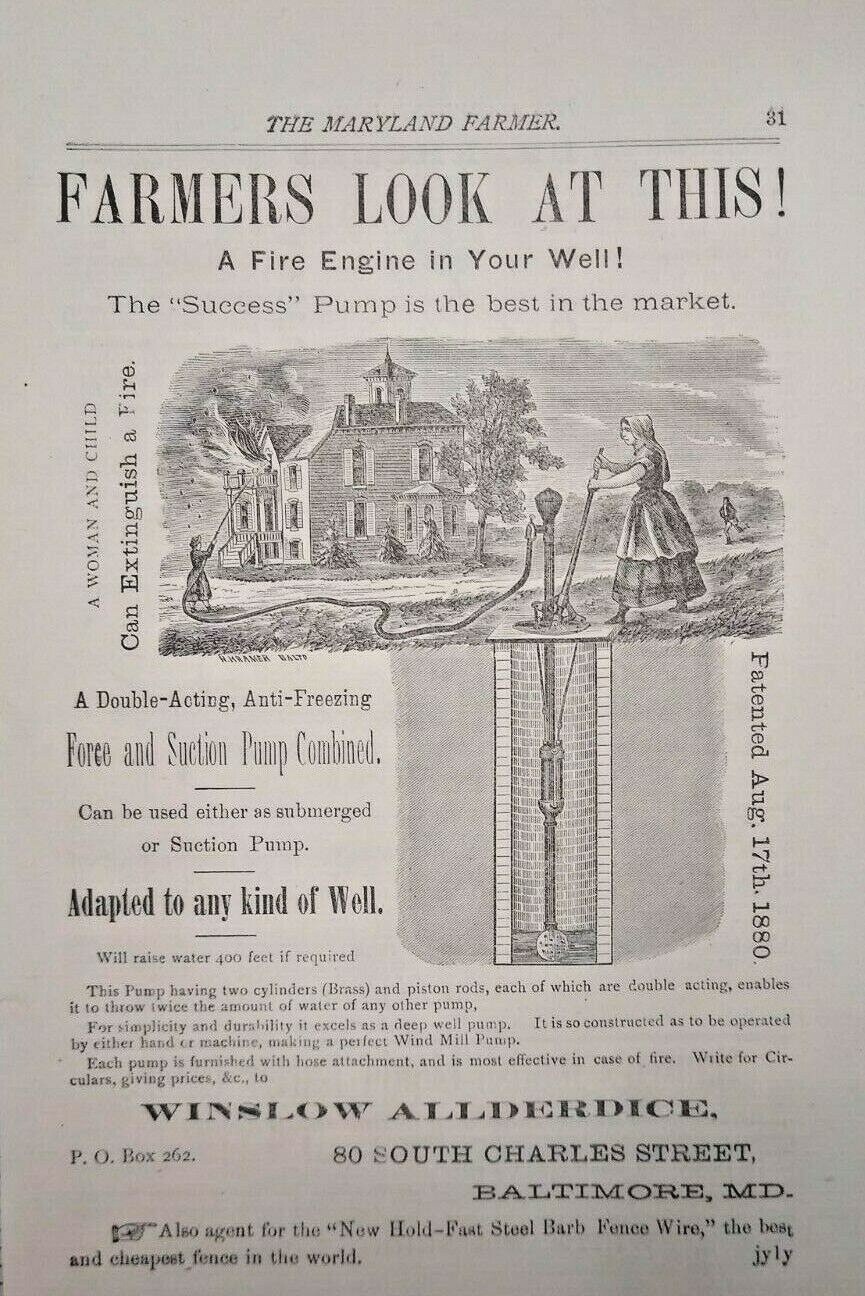 Baltimore Vintage Print Ad Winslow Allderdice Firefighting Pump Equipment 1881