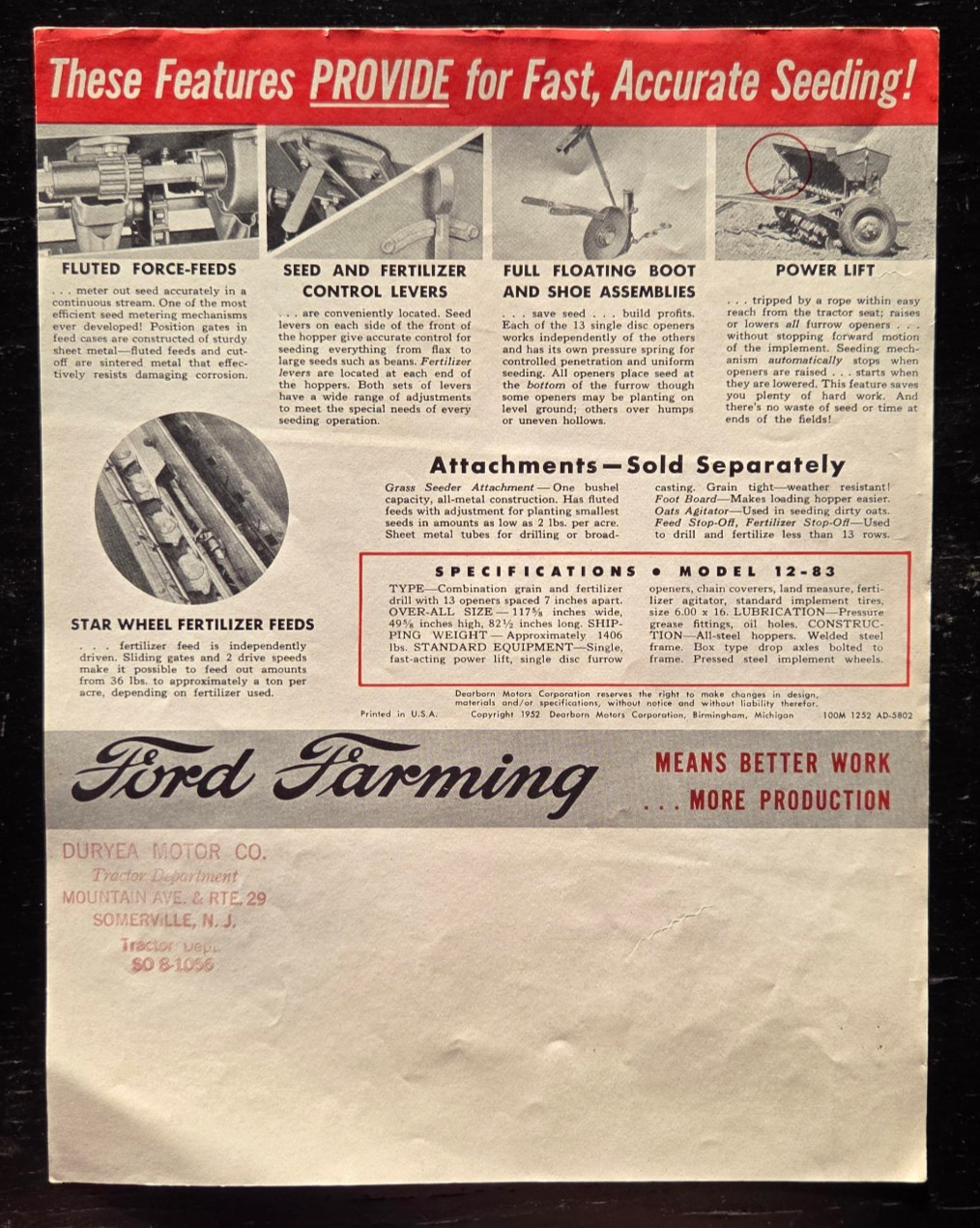 1952 FORD TRACTOR DEARBORN FARM EQUIPMENT FERTILIZER GRAIN DRILL COLOR SALES AD