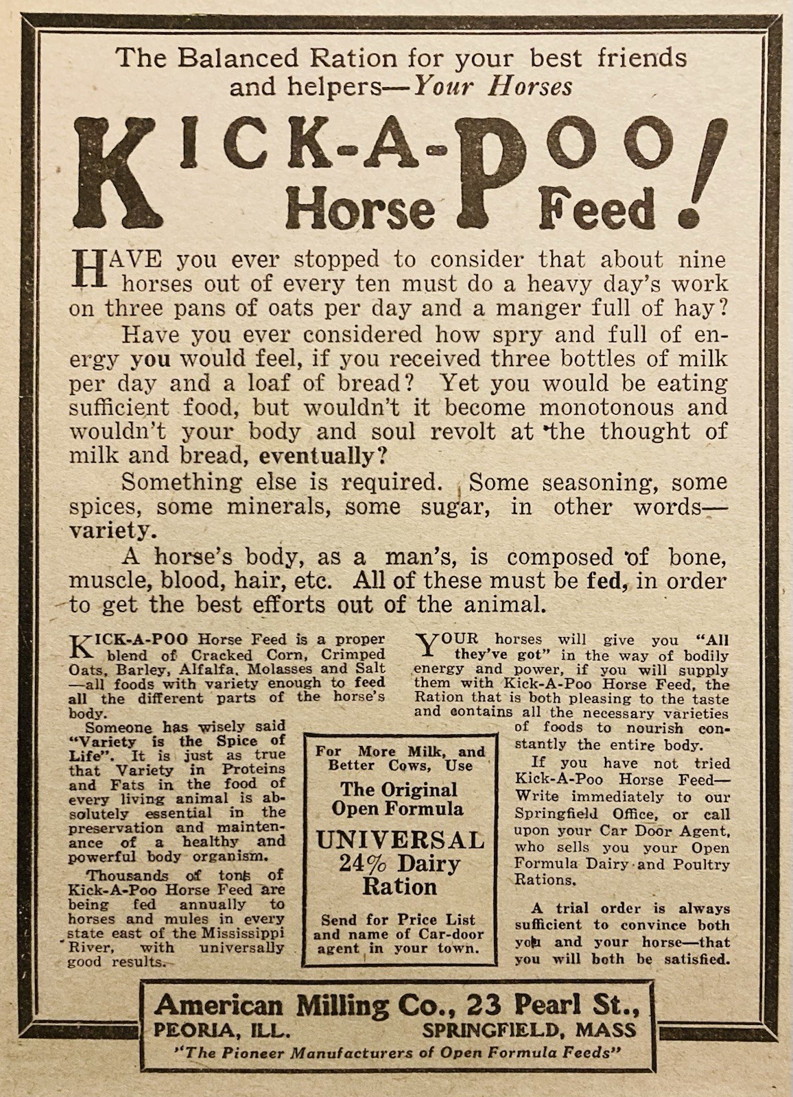 1926 AD.(XH88)~AMERICAN MILLING CO. PEORIA, ILL. “KICK-A-POO” HORSE FEED