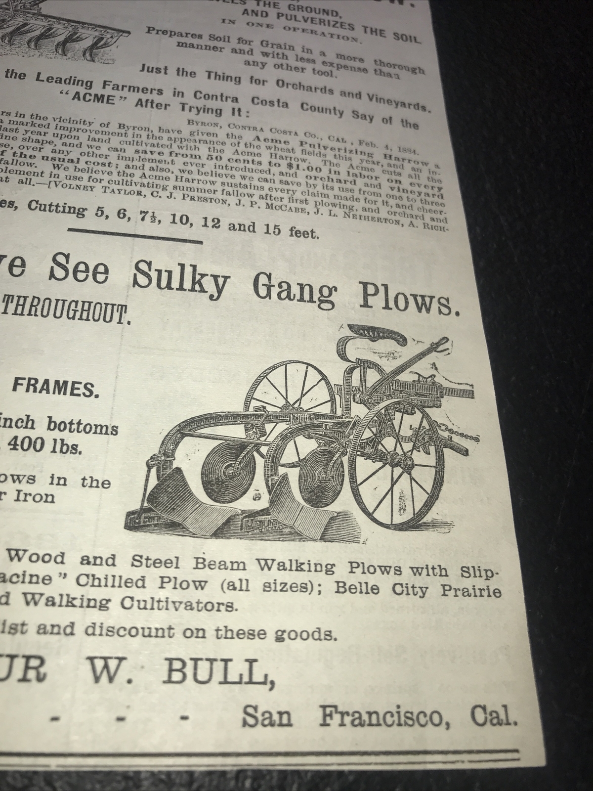 1886 Geo. Bull Plow Farm Engraving Advertising – San Francisco – California