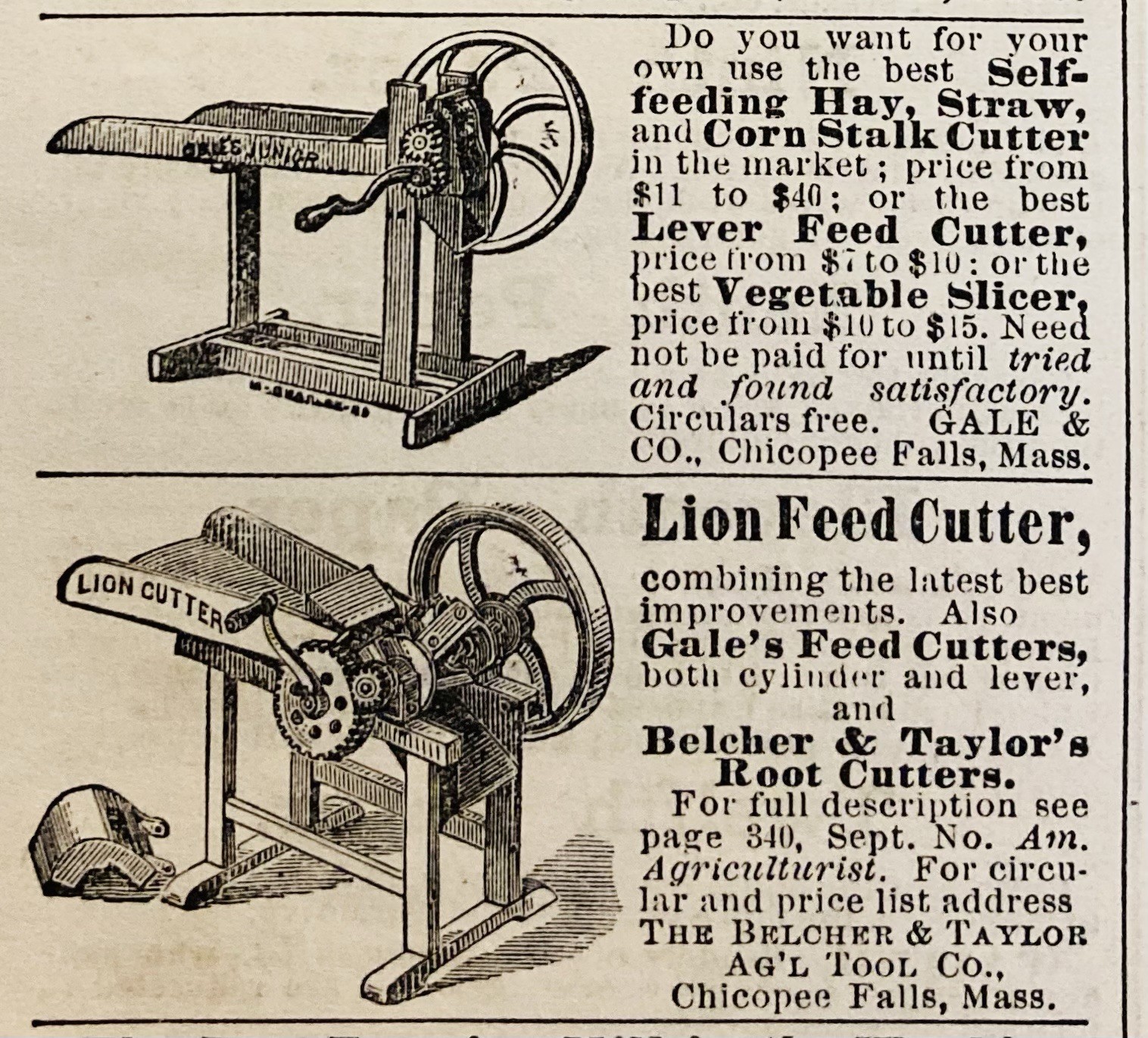 1879 AD.(XH87)~BELCHER & TAYLOR/GALE CO. CHICOPEE FALLS, MASS. ENSILAGE CUTTERS