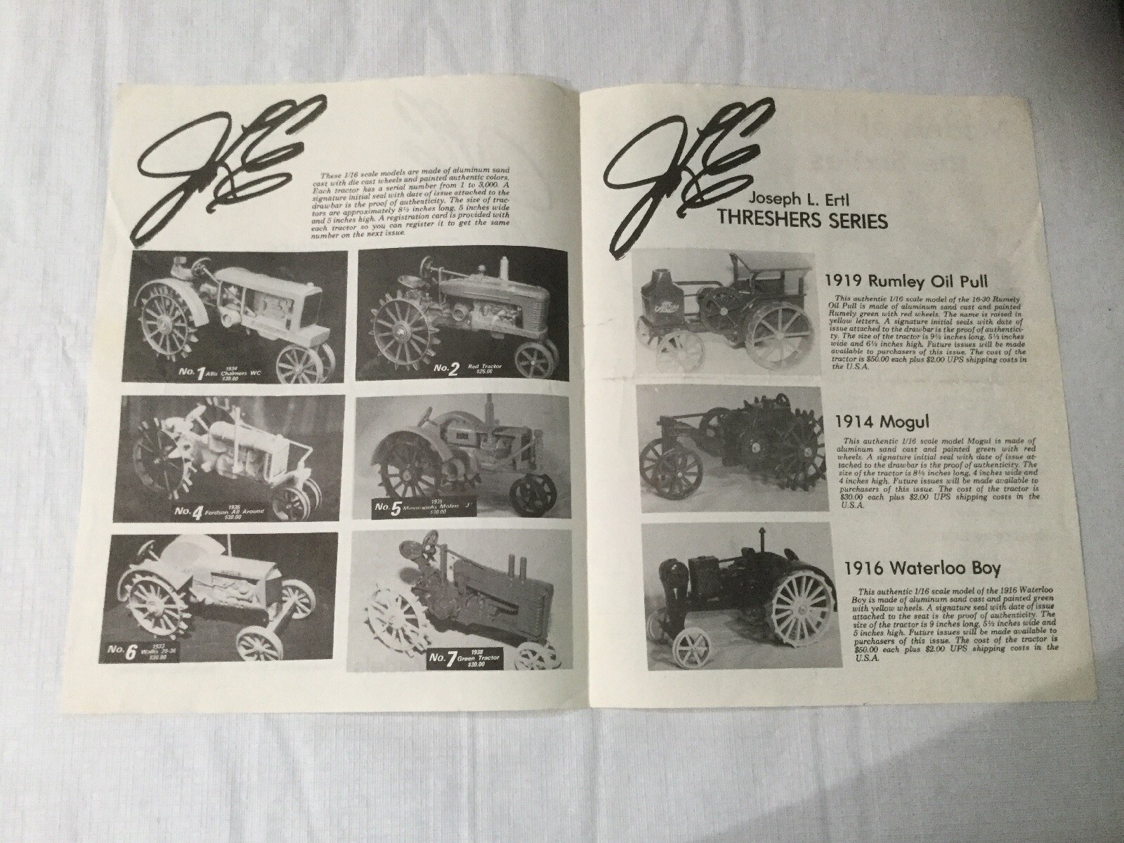 Joseph L. Ertl Scale Models Collectors Series NO. 9, 8, 7, 6, 5 Sales Brochure