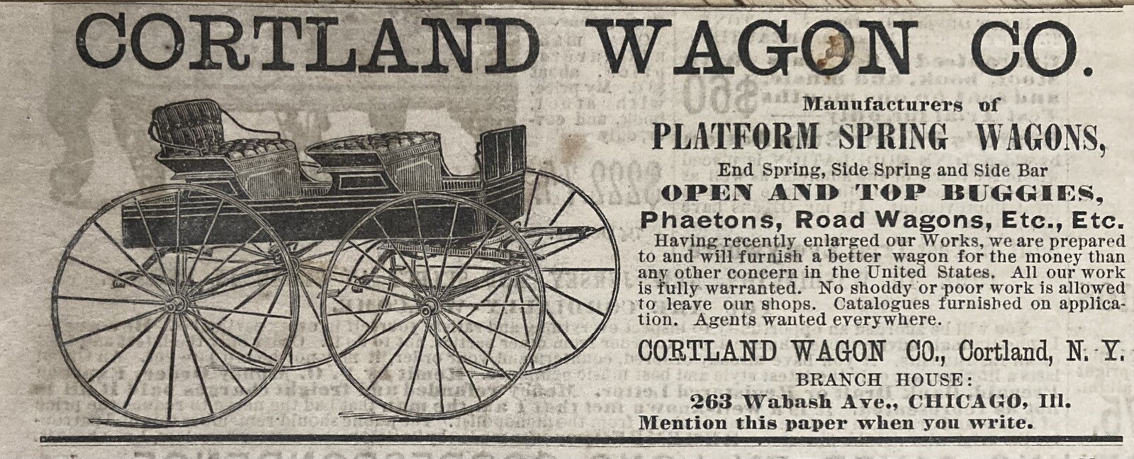 1881 AD.(XH76)~CORTLAND WAGON CO. CORTLAND, NY. PLATFORM SPRING WAGONS