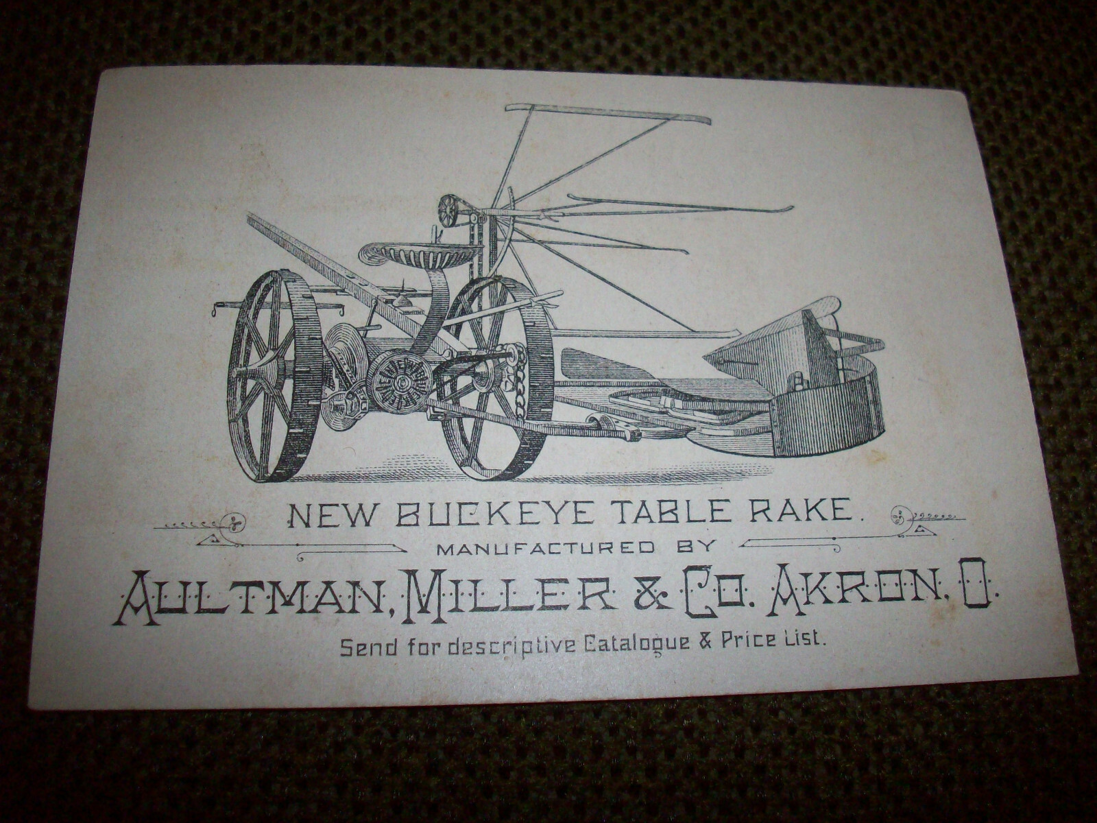 1890&rsquo;s Aultman Miller & Co Advertising Trade Card For Buckeye Table Rake