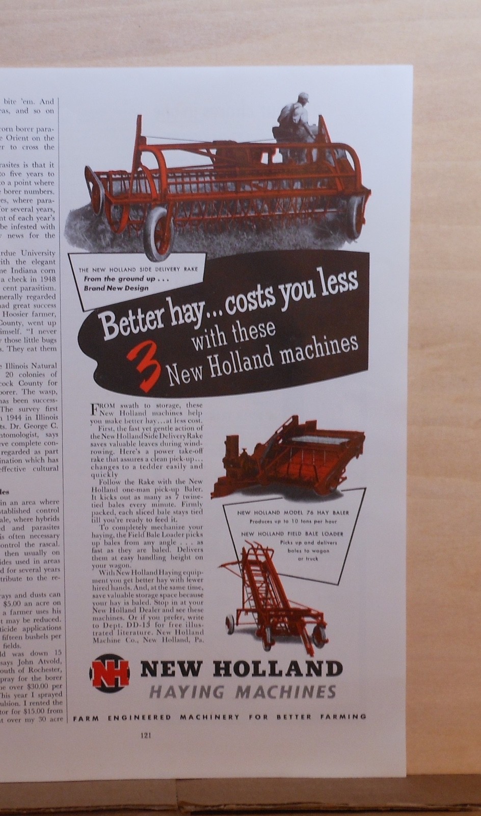 1948 magazine ad for New Holland – Haying Machines, Better Hay costs less