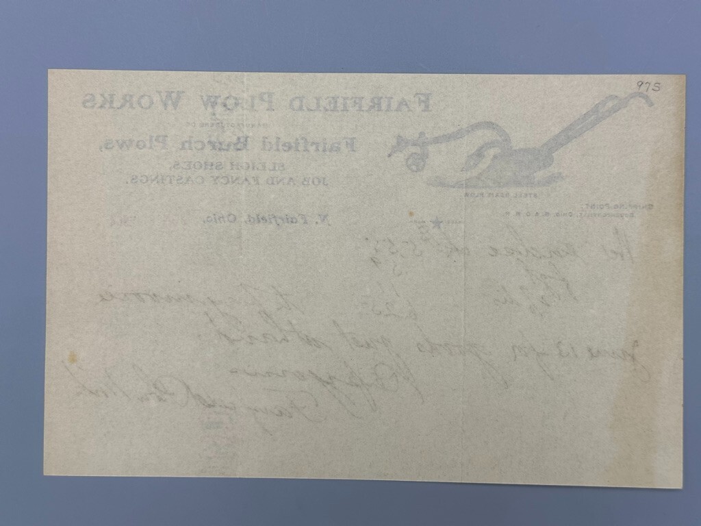 1904 FAIRFIELD BURCH PLOW Works FARM Advertising Antique Letter OHIO Sleigh Shoe