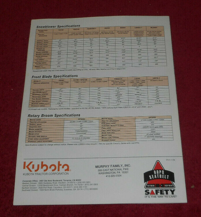 1996 Kubota Snow Removal Equipment T G F B & L-Series Advertising Brochure