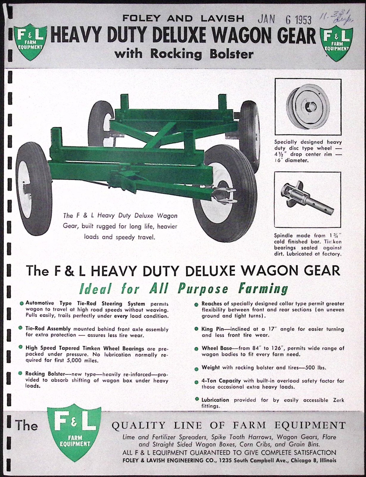 1953 Foley & Lavish Heavy Duty Deluxe Wagon Gear Brochure F&L Farm Equipment