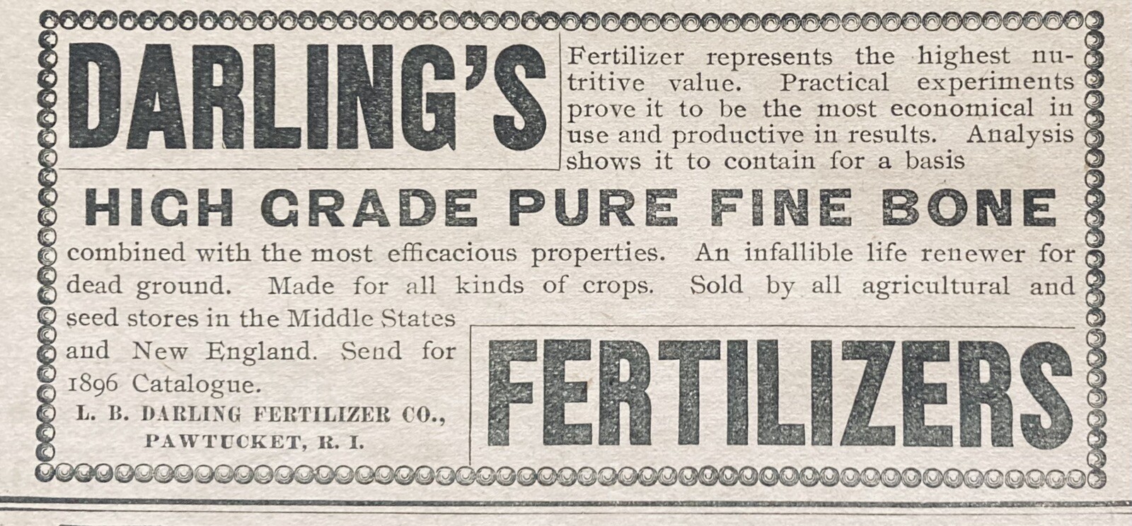 1896 AD.(XH44)~L.B. DARLING FERTILIZER CO. PAWTUCKET, RI. HIGH GRADE FERTILIZER
