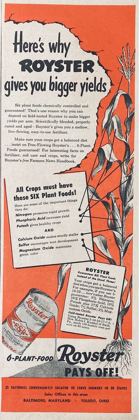 1951 AD.(XG22)~F.S. ROYSTER GUANO CO. BALTIMORE, MD. PLANT FERTILIZER