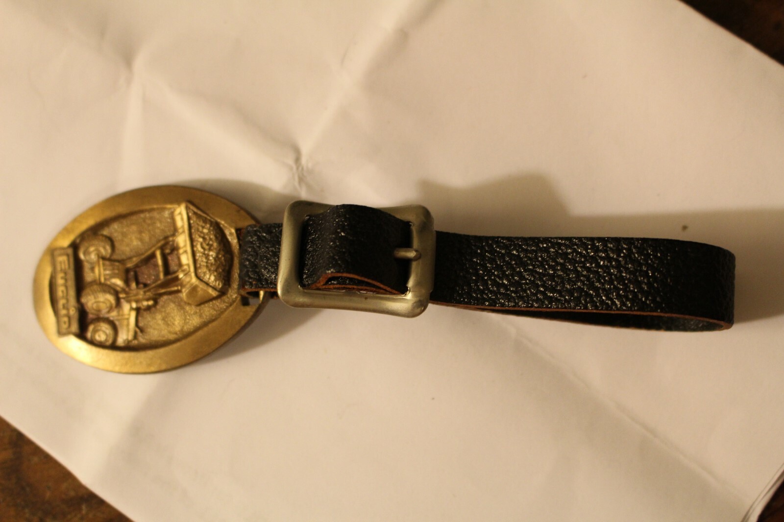 Vintage Brass Euclid Pivot Steer Loaders Key Fob/Black Leather Strap