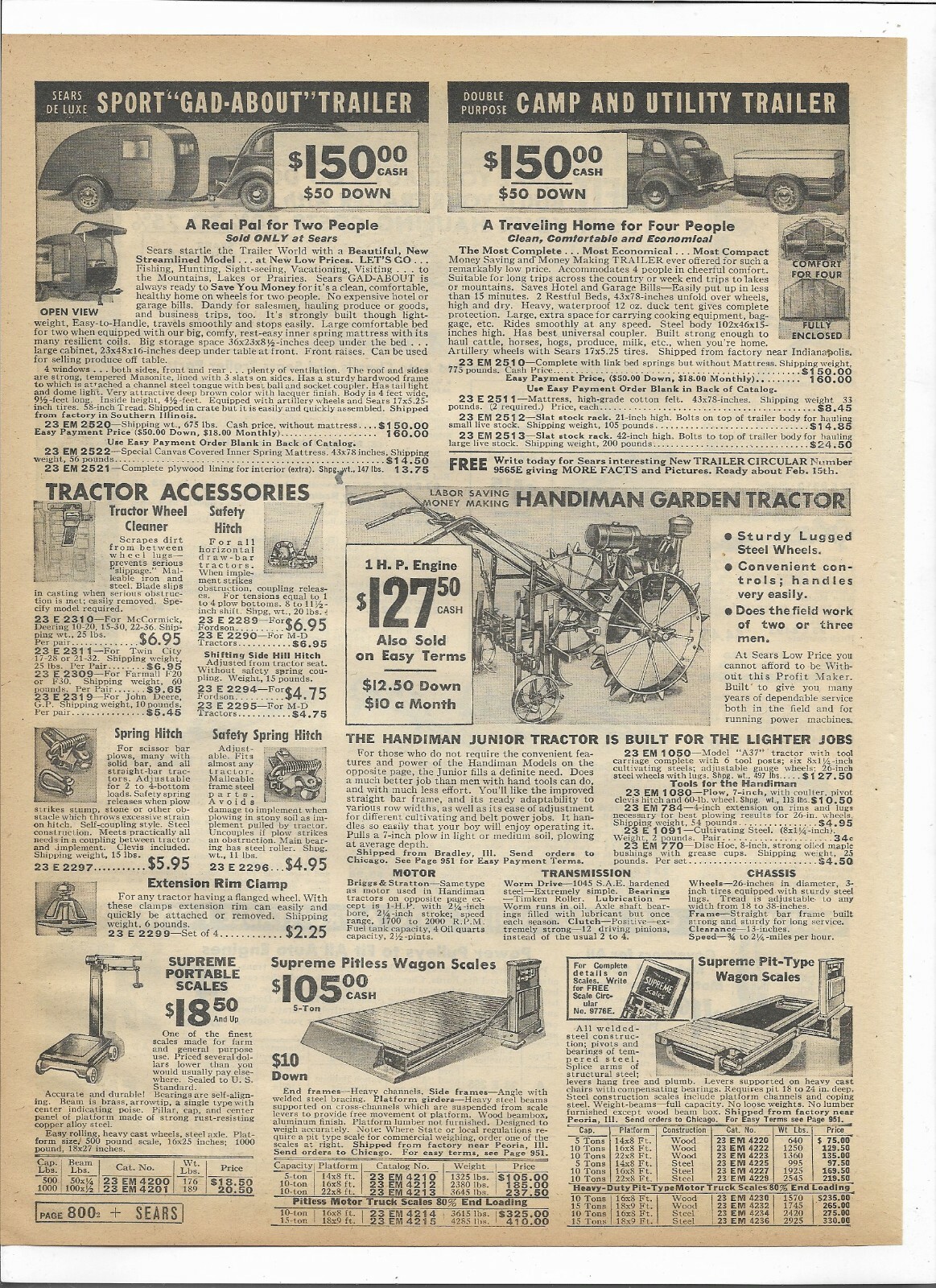 1937 Sears Catalog Ad Pages Camp Utility Trailer Crop Sprayer Garden Tractor