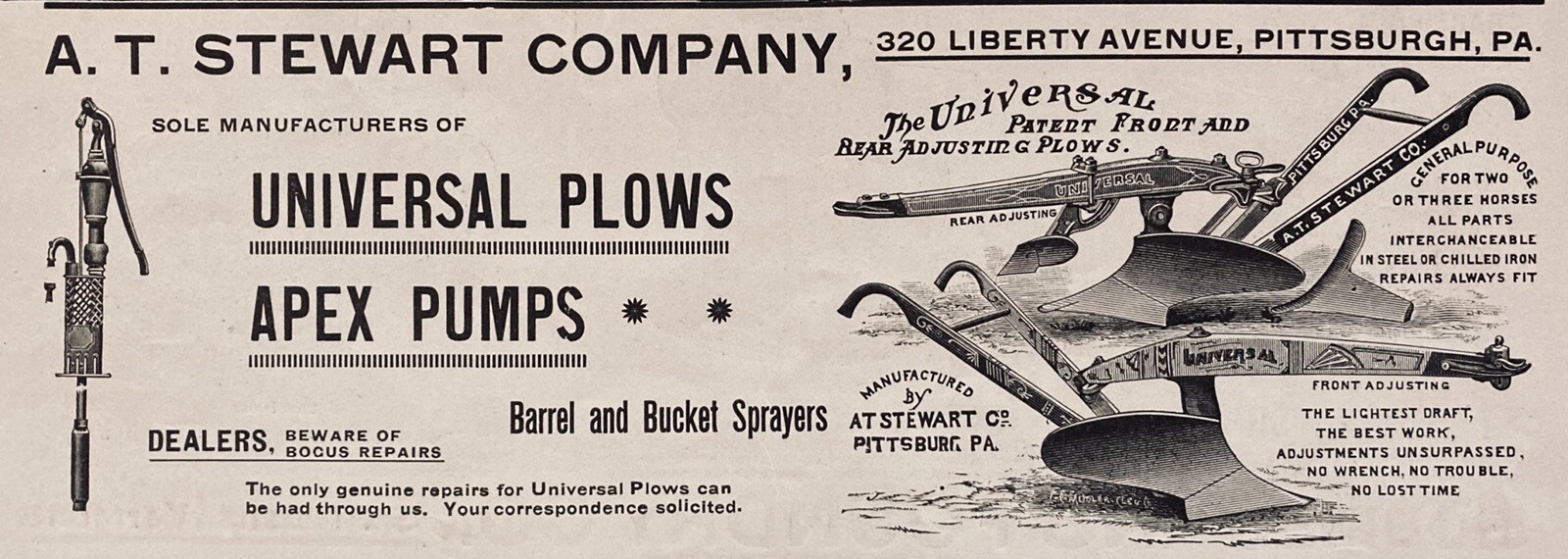 1898 AD(XH24)~A.T. STEWART CO. PITTS., PA. UNIVERSAL PLOWS AND APEX PUMPS