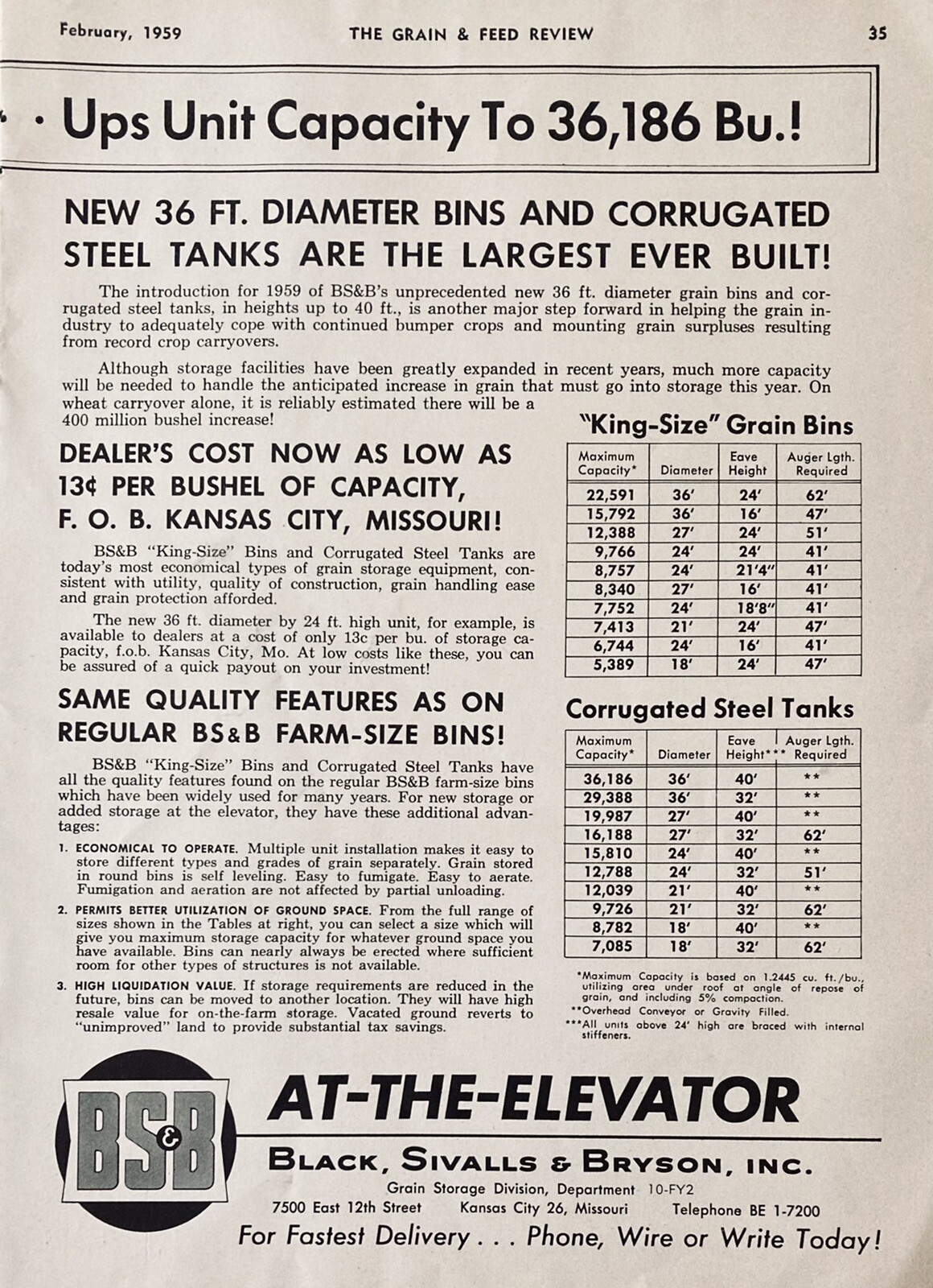 1959 AD.(XH50)~BLACK, SIVALLS & BRYSON, KANSAS CITY, MO. KING-SIZE GRAIN STORAGE