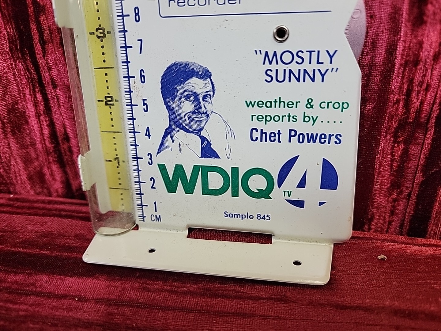 ADVERTISING RAIN GAUGE RECORDER WDIQ CHANNEL 4 CHET POWERS NEWS SUNNY WEATHER