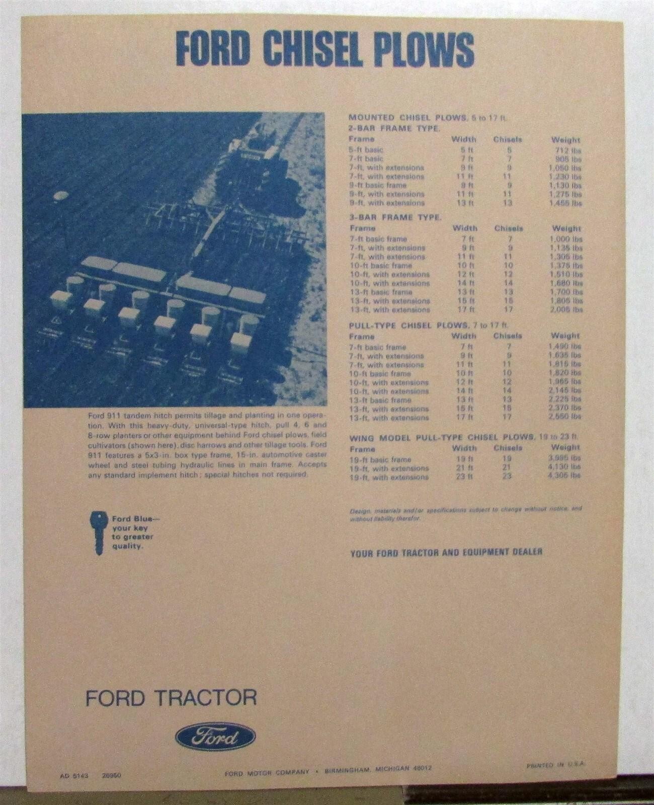 1969 Ford Chisel Plows Specifications Agriculture Sales Brochure