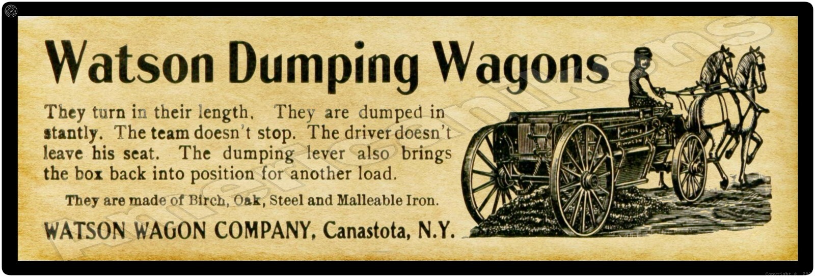 1901 Watson Dumping Wagons New Metal Sign, 12&Prime; x 36&Prime; USA STEEL XL Size – 4 lbs