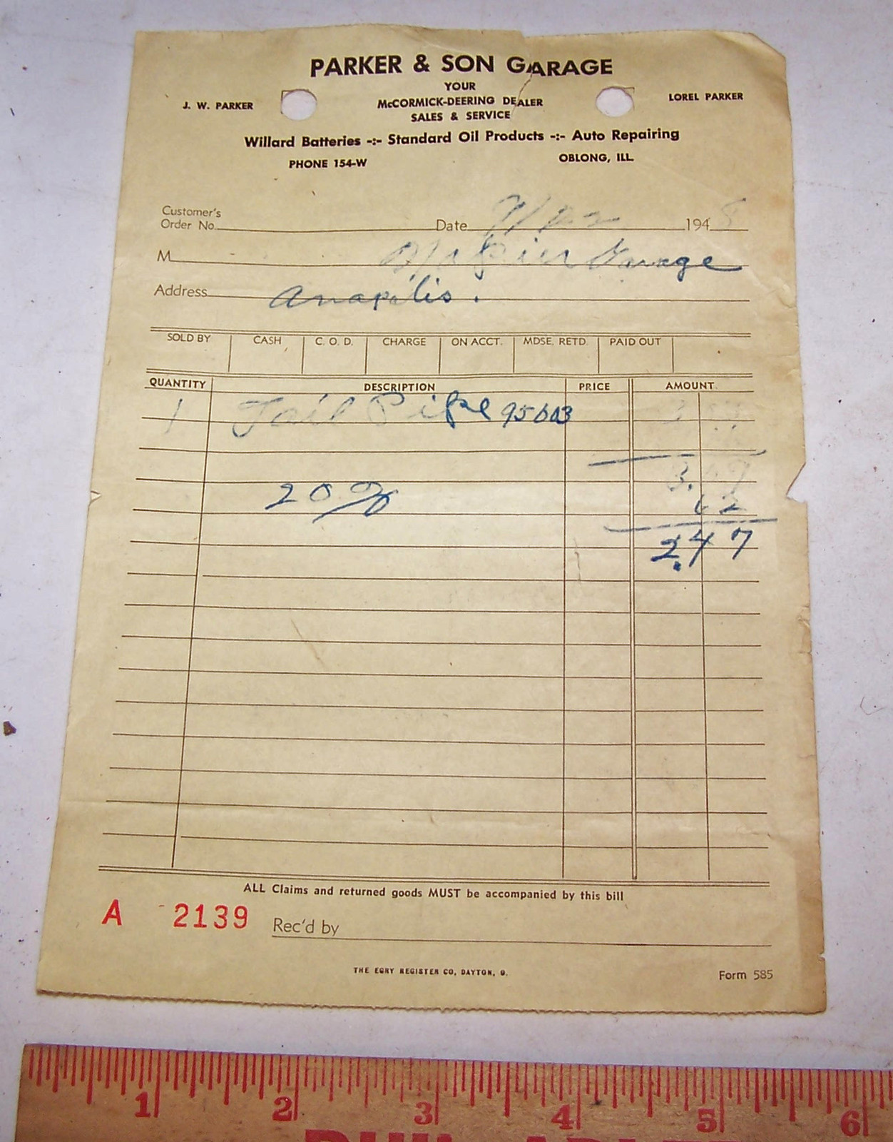 1948 Parker & Son Garage McCORMICK DEERING Invoices OBLONG ILLINOIS