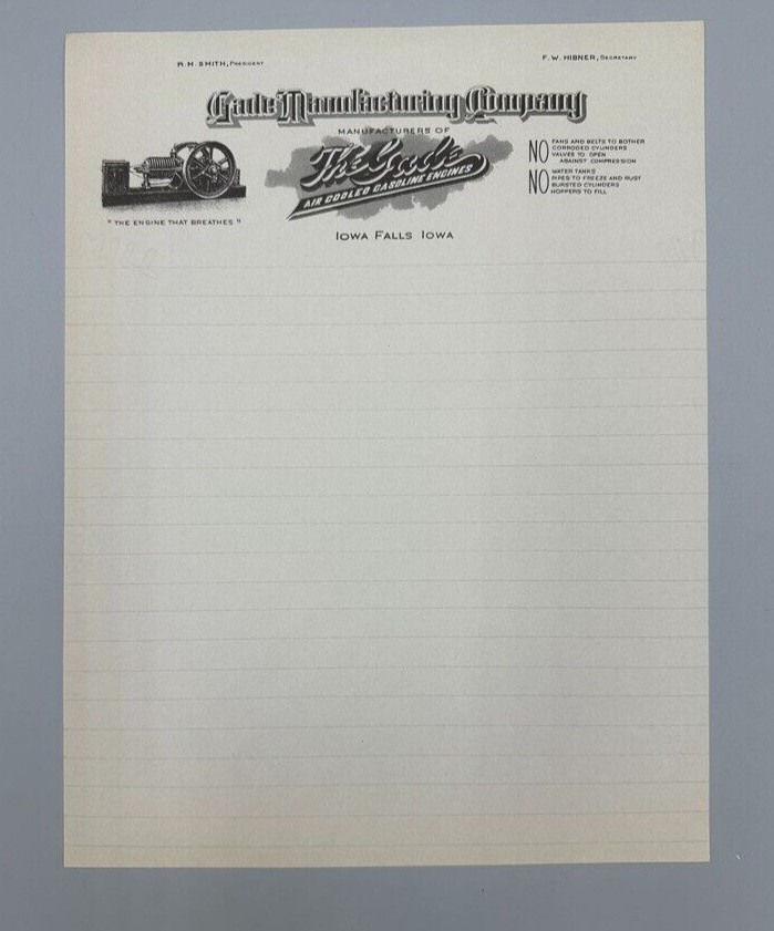 Vintage GADE Air Cooled GASOLINE ENGINES Farm Advertising IOWA FALLS Letterhead