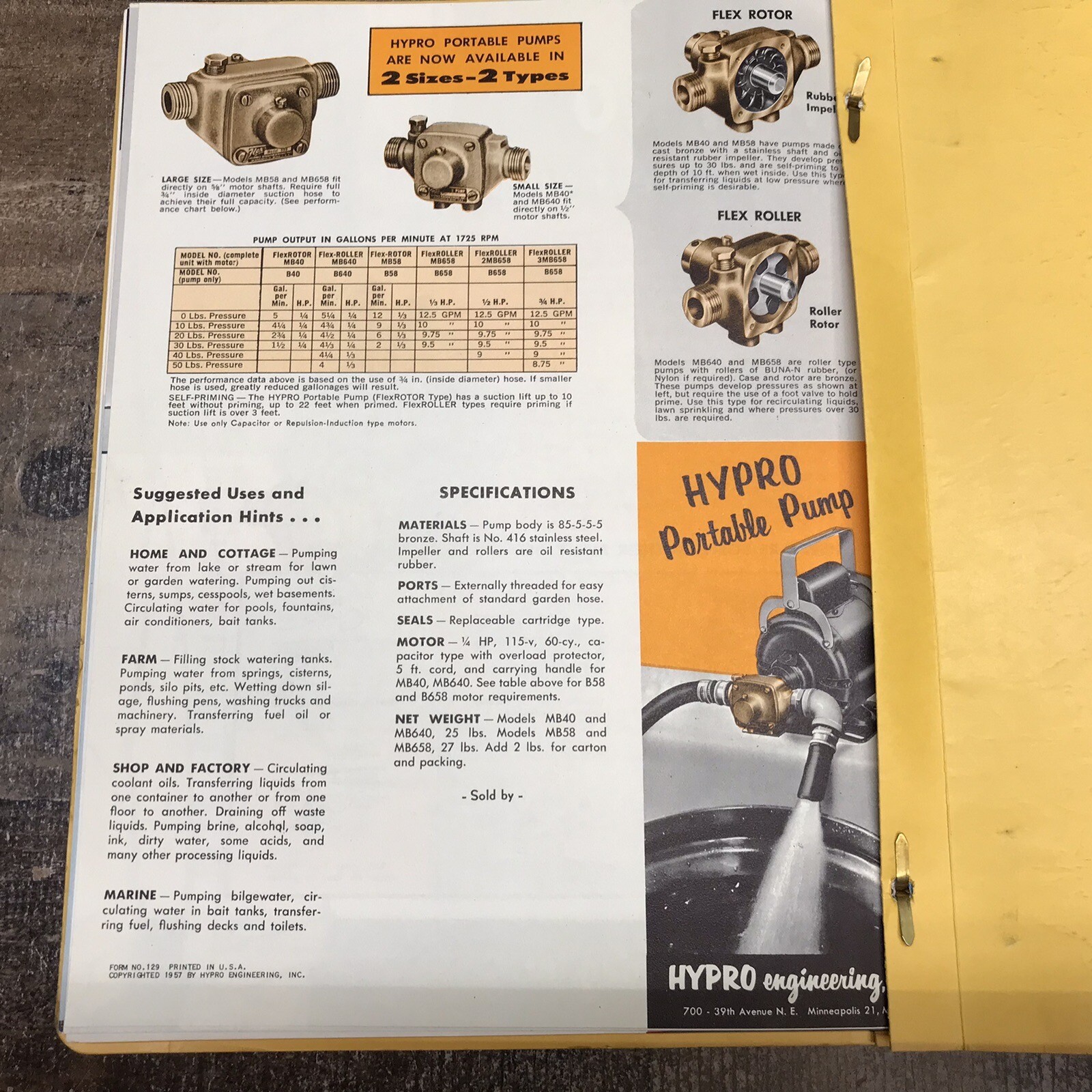 Vintage HYPRO Pumps Dealer Catalog Sales Flyer Specs Book Printed In USA 1957