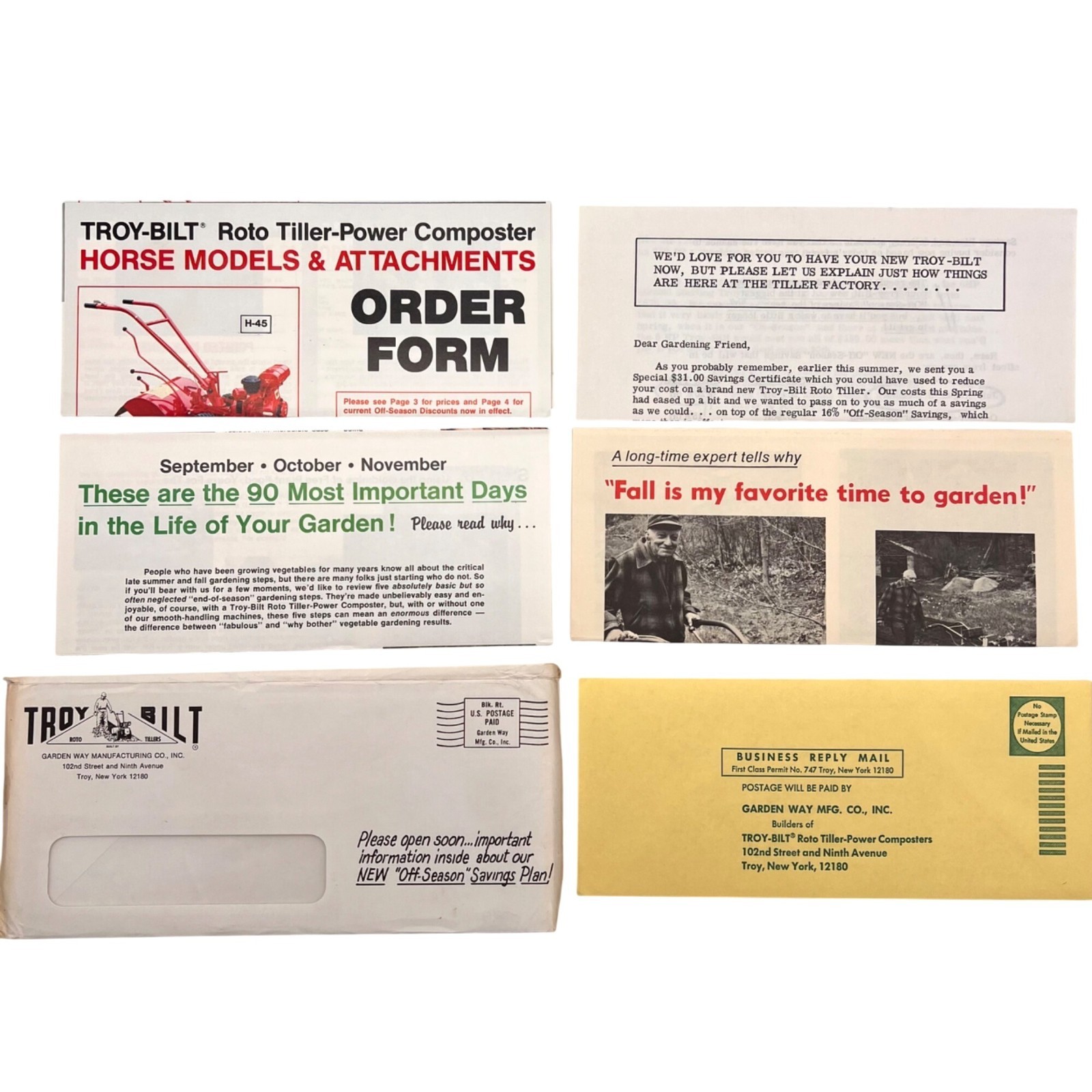 Troy-Bilt Vintage 1975 Garden Tiller Brochure Set With Order Form & Envelopes