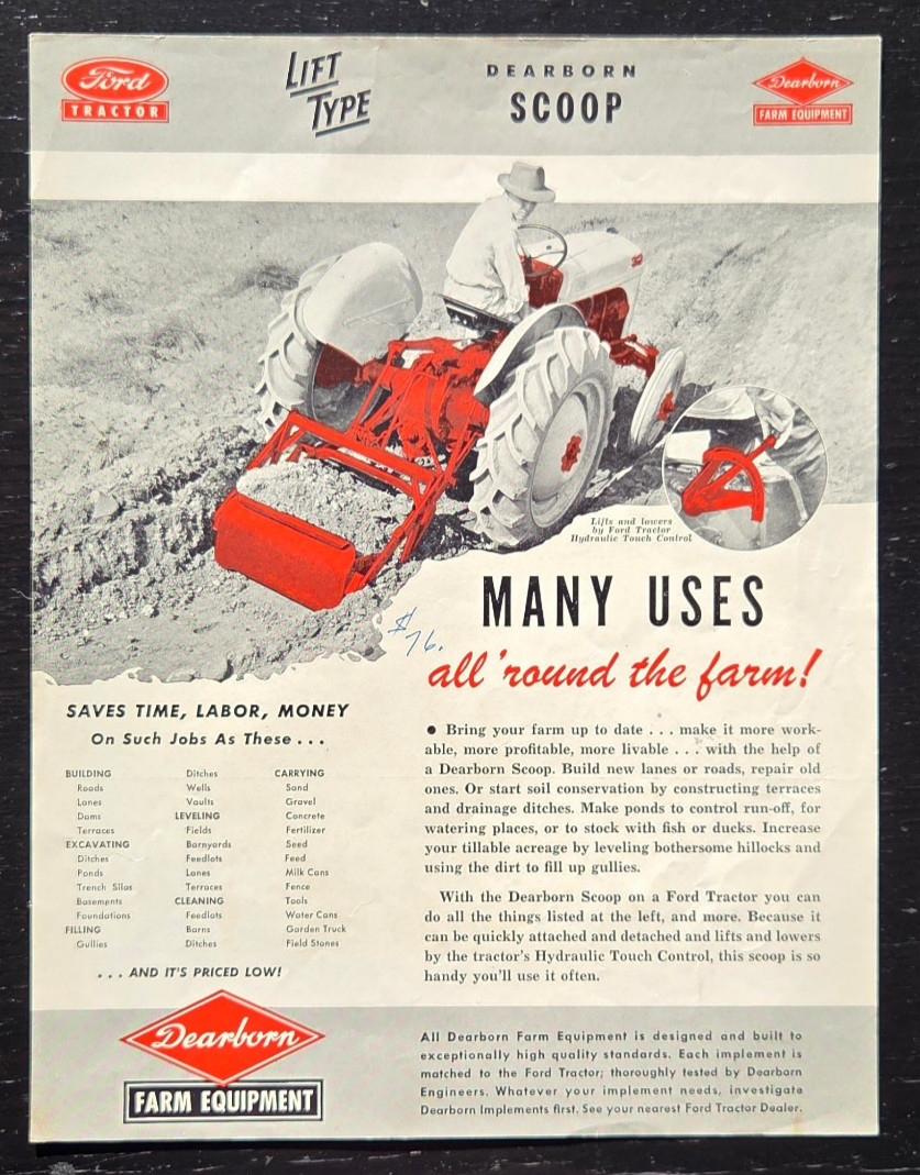1949 FORD TRACTOR DEARBORN FARM EQUIPMENT LIFT TYPE SCOOP SALES COLOR SPEC SHEET