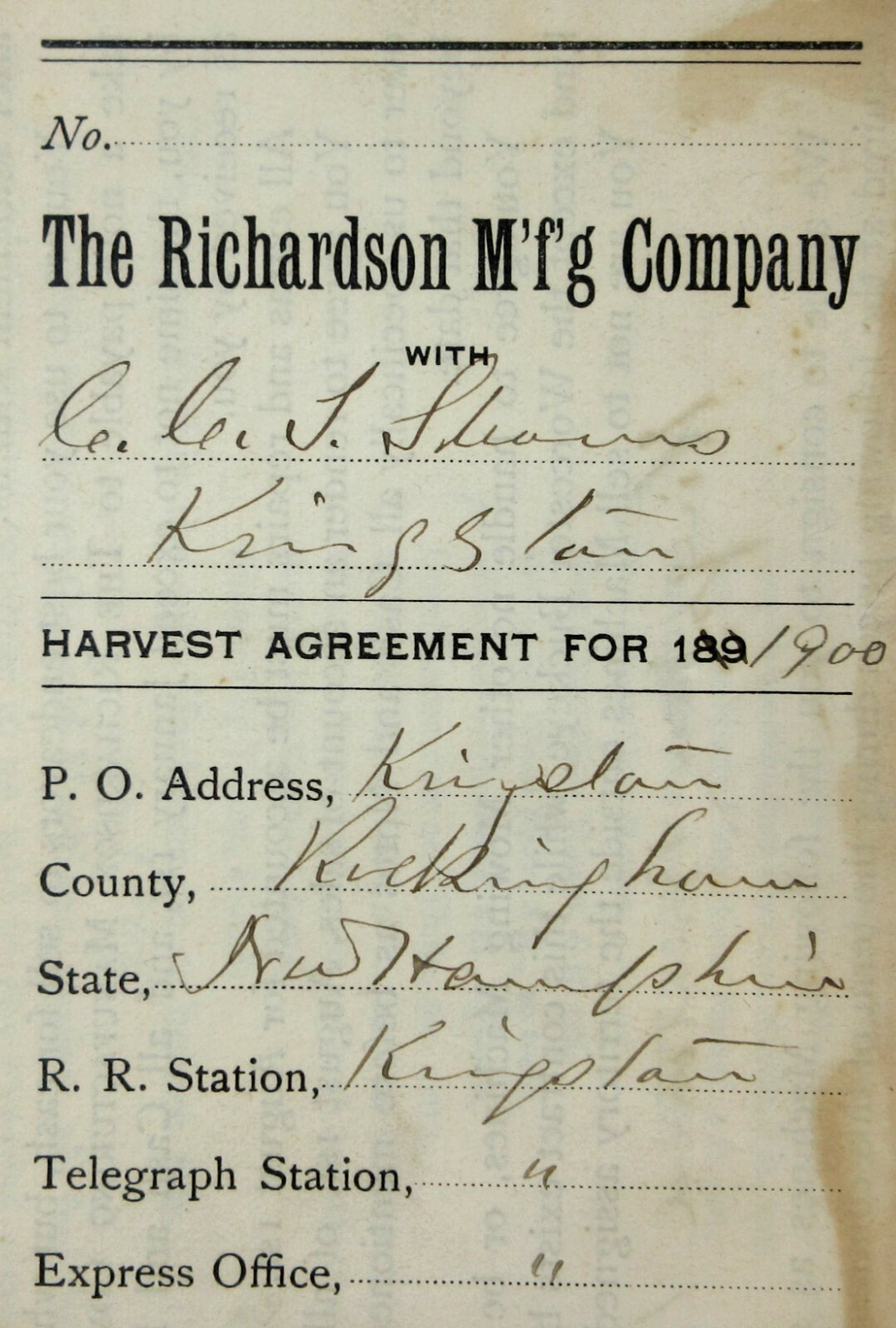 Buckeye Mower Richardson Farm Implements Salesman Agreement Territory Stock 1900