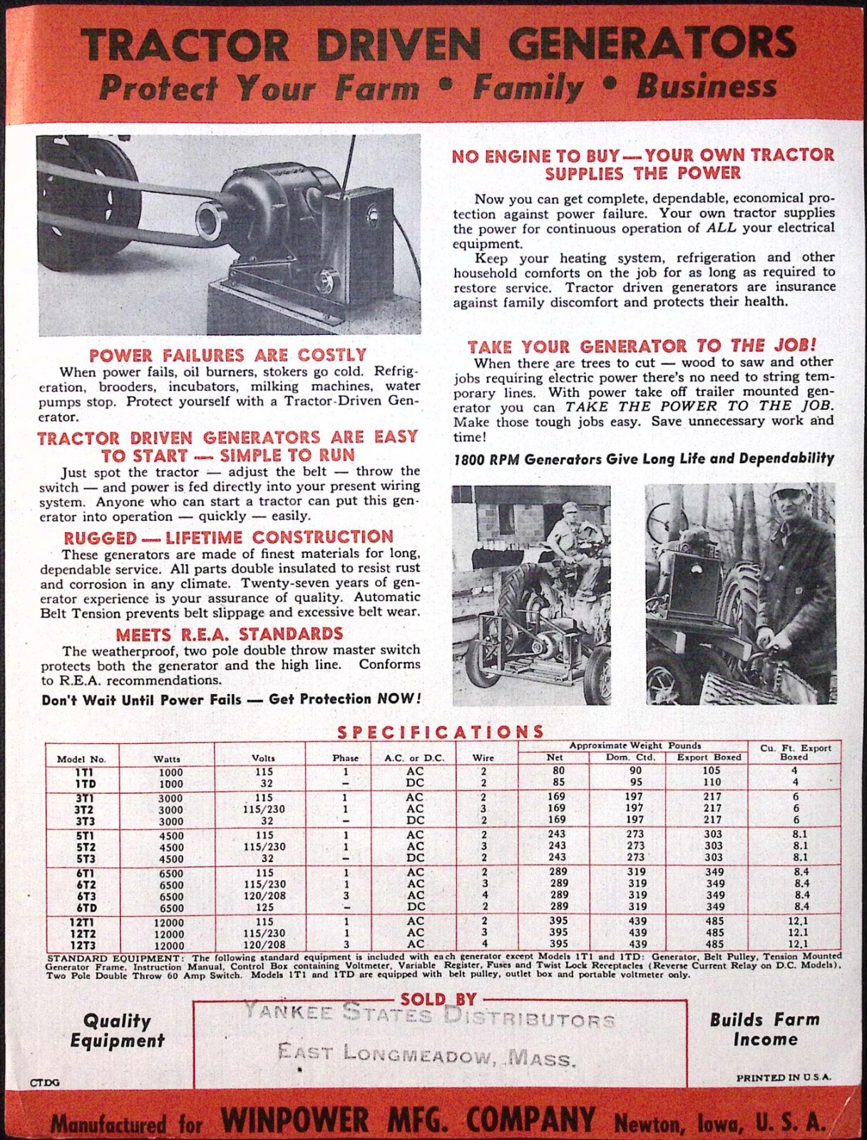 1950s WinPower Tractor Driven Generator Brochure Winpower Mfg Co Newton IA