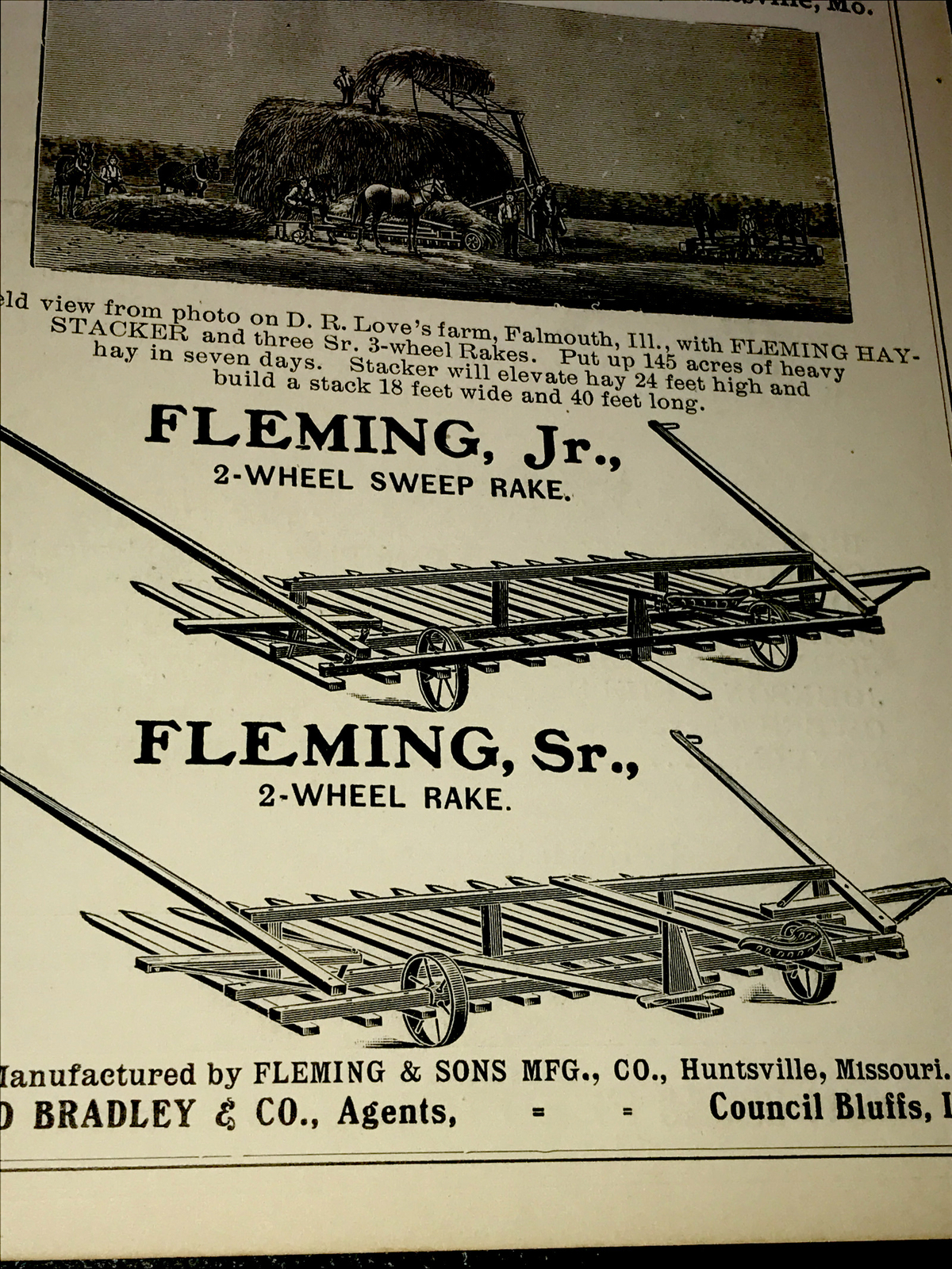 1905 Fleming Hay Stacker Farm Engraving Advertising – Huntsville – Missouri