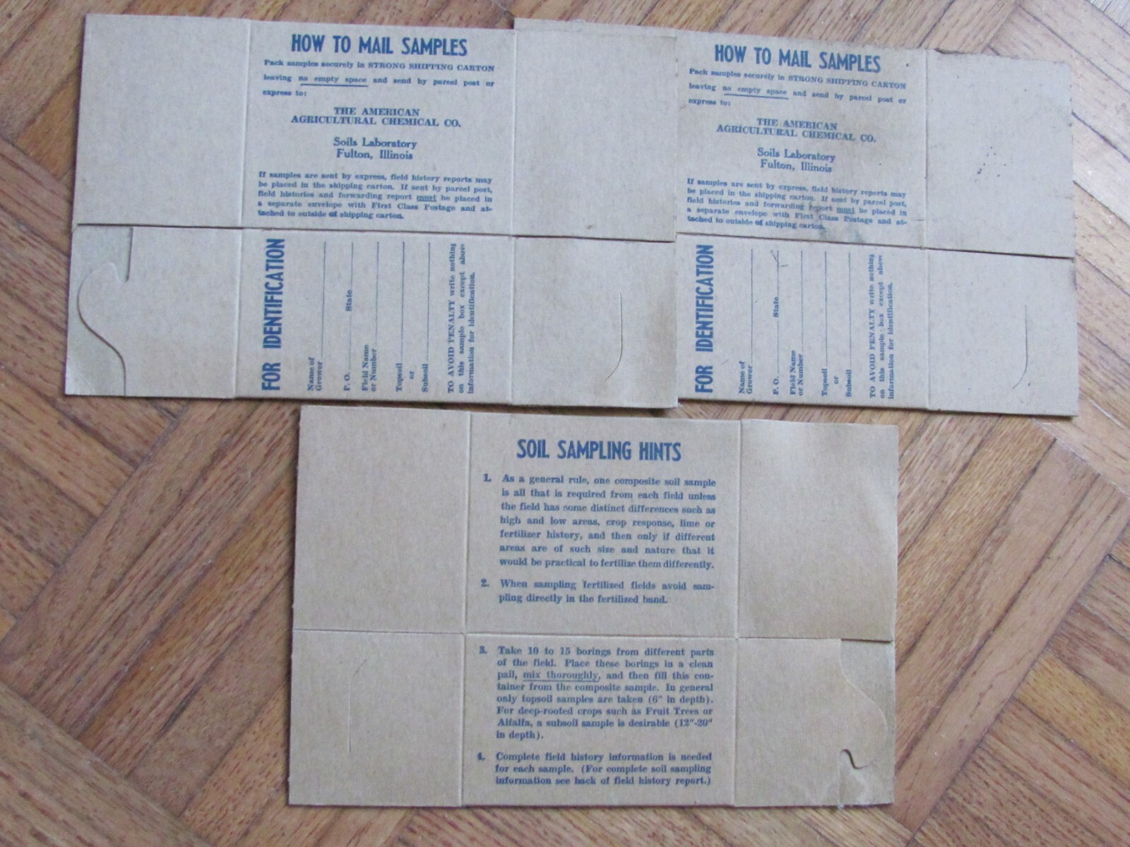 3 BOXES SOIL SAMPLE AMERICAN AGRICULTURE CHEMICAL CO FULTON IL FARM FERTILIZER