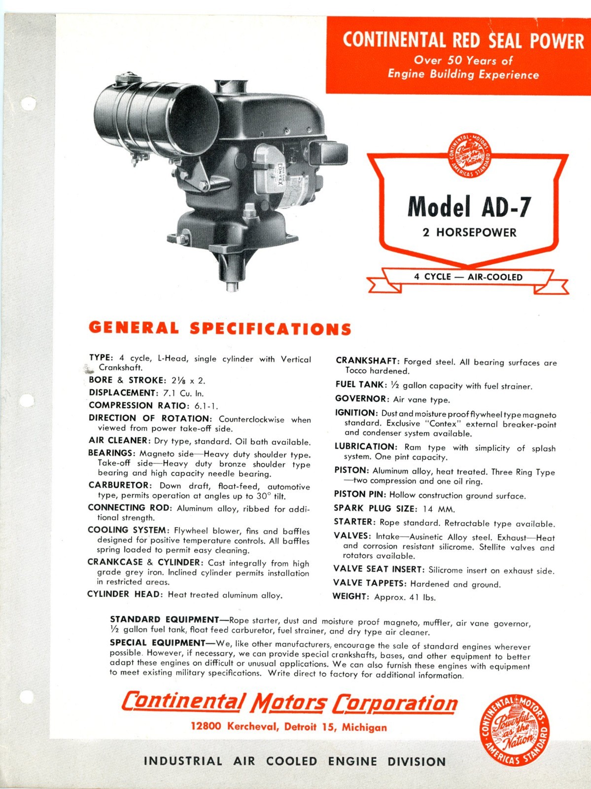 Continental Red Seal Air Cooled 2HP Engine model AD-7 1954 sales brochure