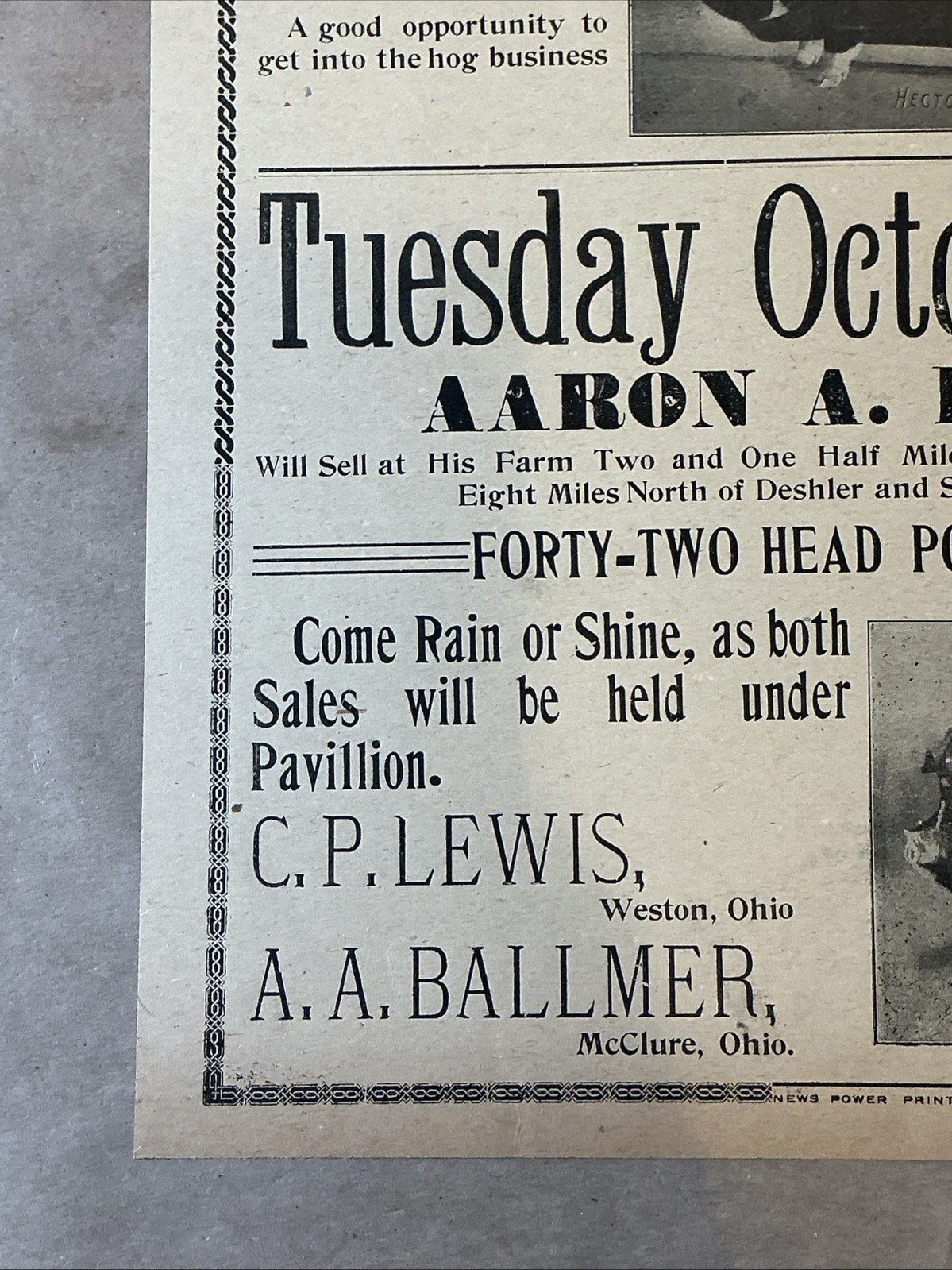 Antique 1911 Original Auction Poster China Hog Public Sale Ohio As Is INV-AC07Z