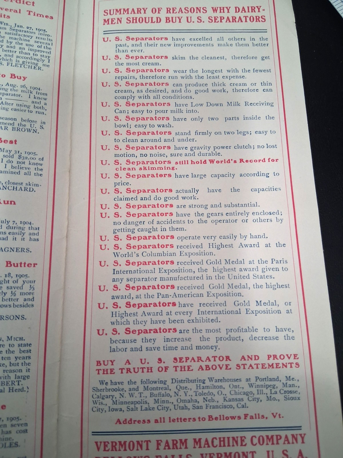 1906 U.S. Cream Separator Catalog Vermont Farm Machine Dairy Bellows Falls color
