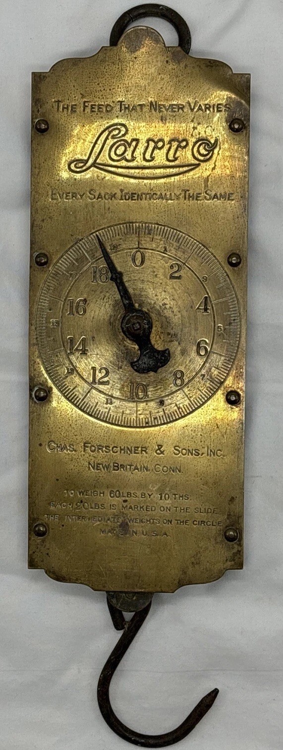 Vintage Larro Farm Sure Milk Brass Hanging Scale Dairy Farm Advertising.