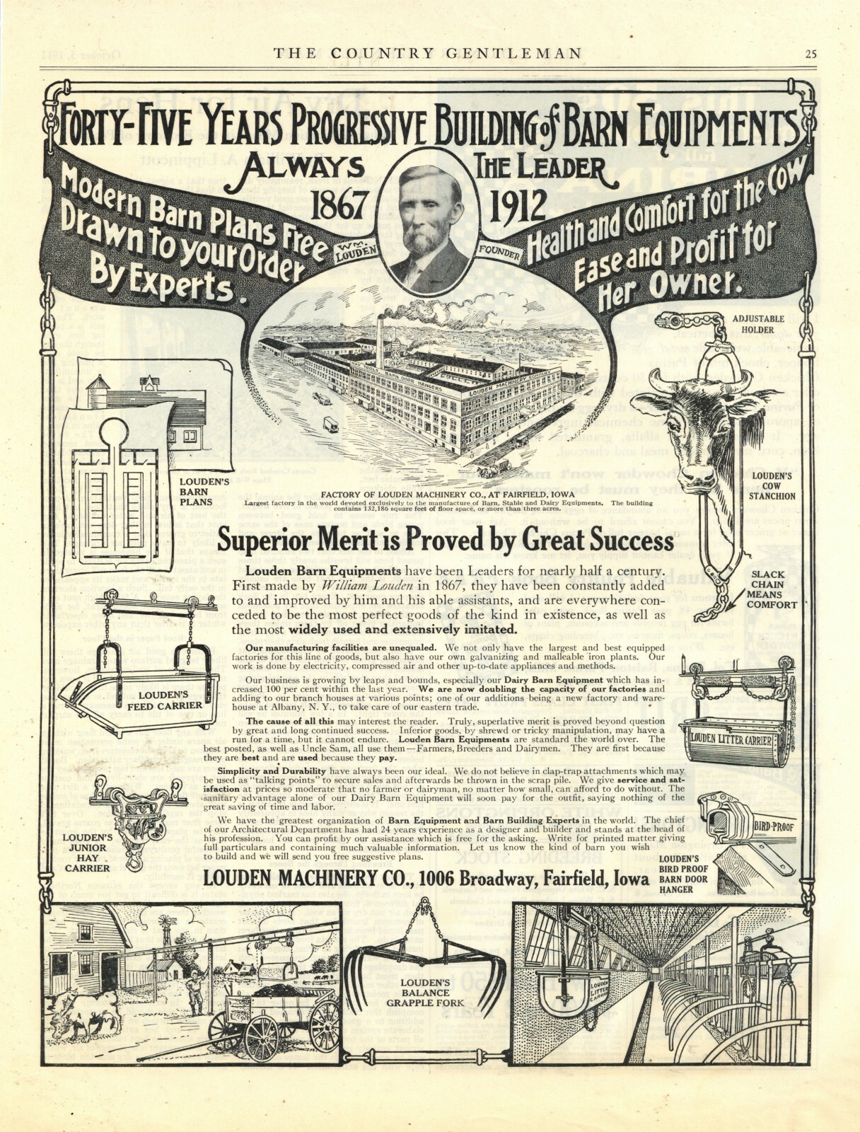 1912 Louden Machinery Co. Ad: Hay Tools, Barns, Fairfield, Iowa – Factory Pic