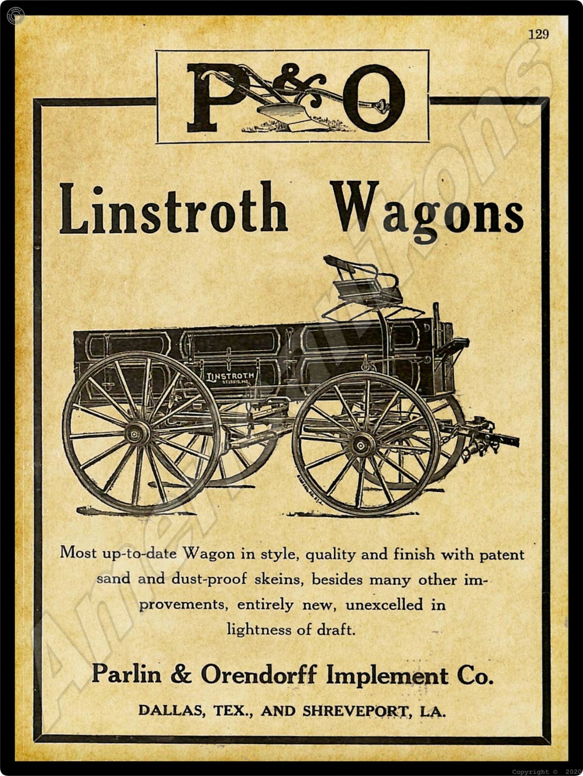 1916 Parlin & OrenDorrf Implement Co. New Metal Sign: Linstroth Wagons