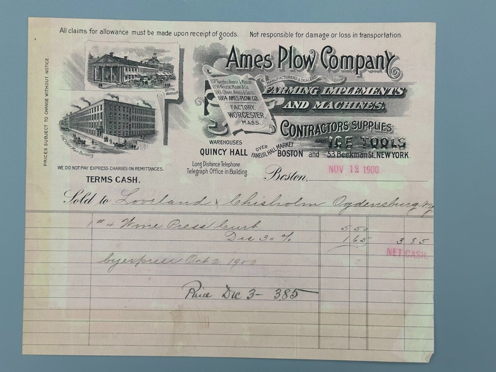 1900 AMES PLOW Company FARMING Machines ICE TOOLS Billhead Antique Advertising