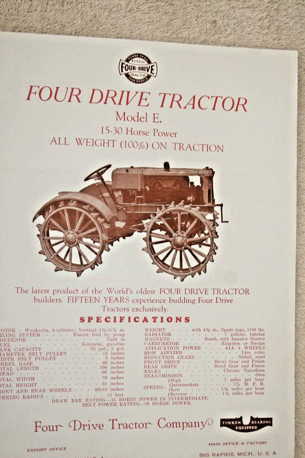 FITCH FOUR DRIVE TRACTOR 1929 MDL. E