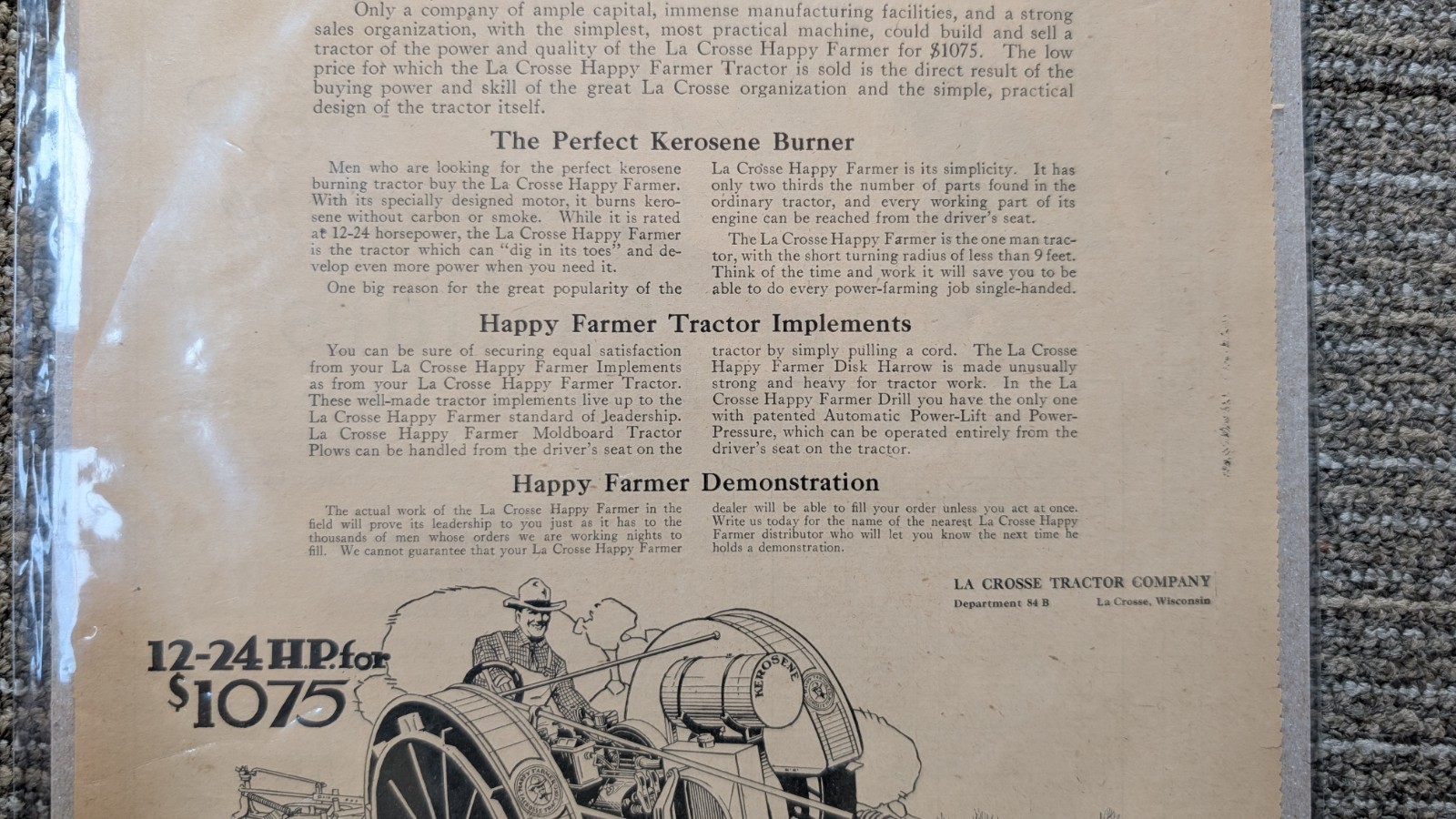 1917 La Crosse Tractor Ad: The Happy Farmer Tractor – La Crosse, Wisconsin