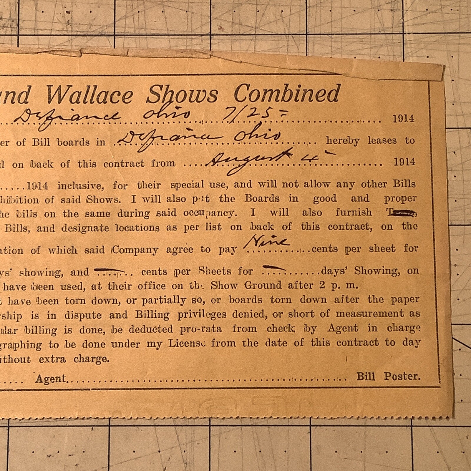 1914 Hagenbeck And Wallace Shows Contract Defiance, Ohio ￼INV-P0153