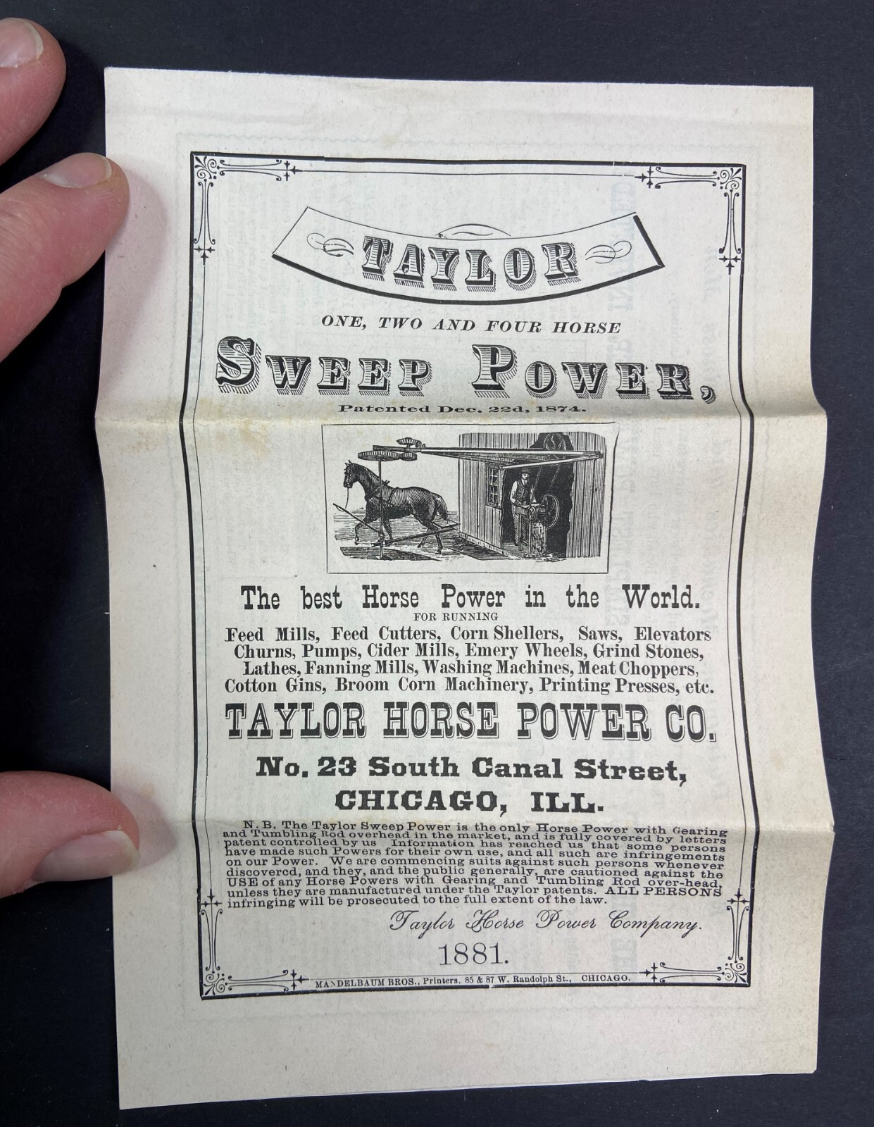 SUPER Advertising Catalog & Flyer – Taylor Horse Power Grinding Mill – 1881