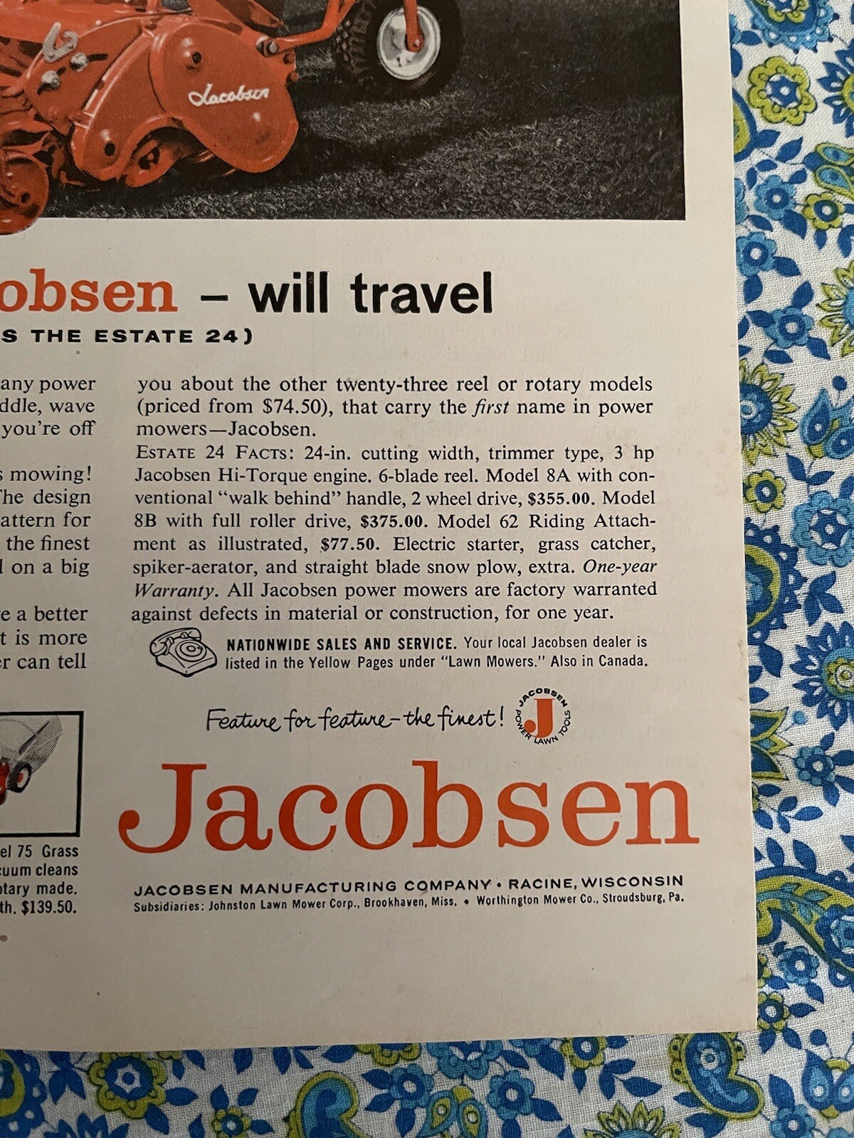 Vintage 1959 Jacobsen Estate 24 Reel Mower Print Ad