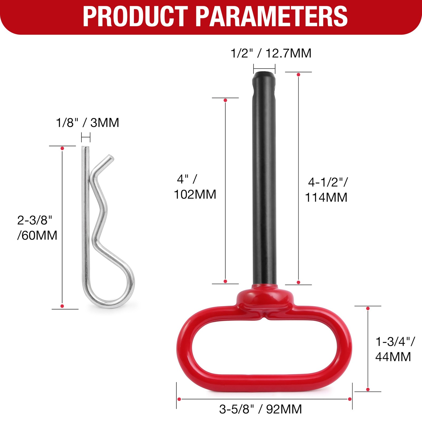 2Pcs Trailer Hitch Pin, 1/2 x 4 Inch Tractor Hitch Pin with R-Clip Pin for Lawn