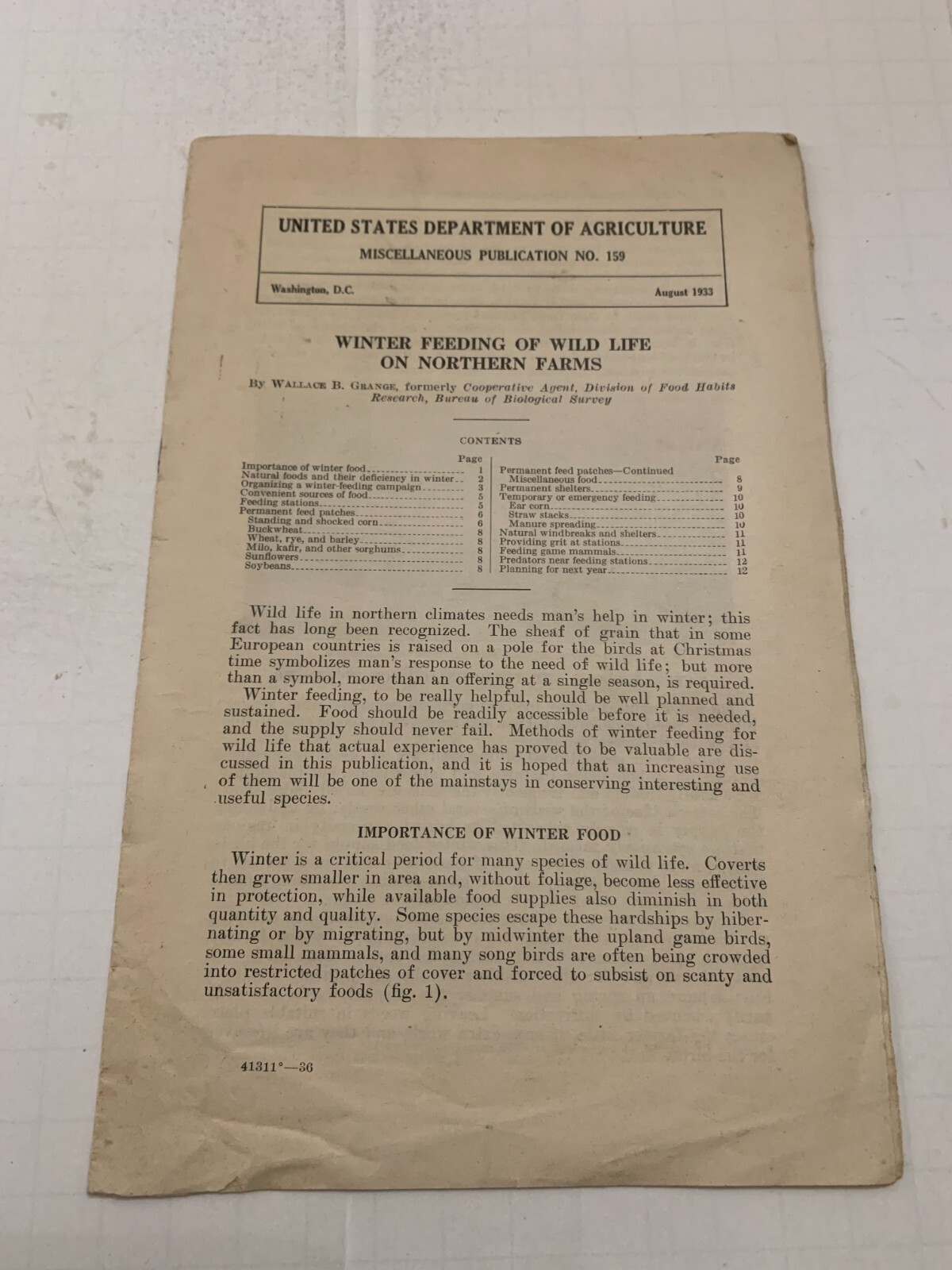 1933 US Department Of Agriculture Publication 159 Winter Feeding Of Wildlife