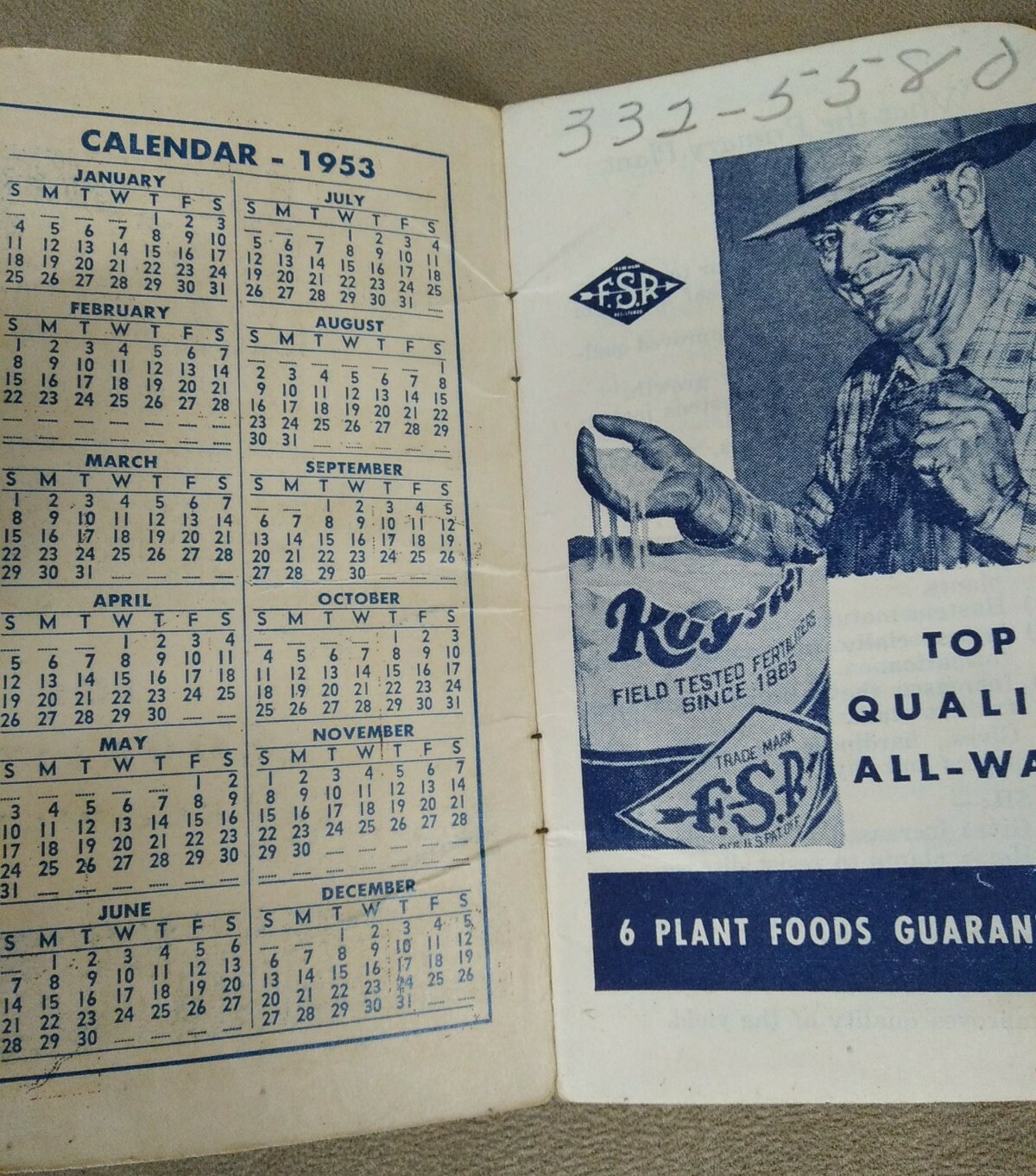 1953 F.S. Royster Guano Company Fertilizer Hand Book Conversion Chart Calendar